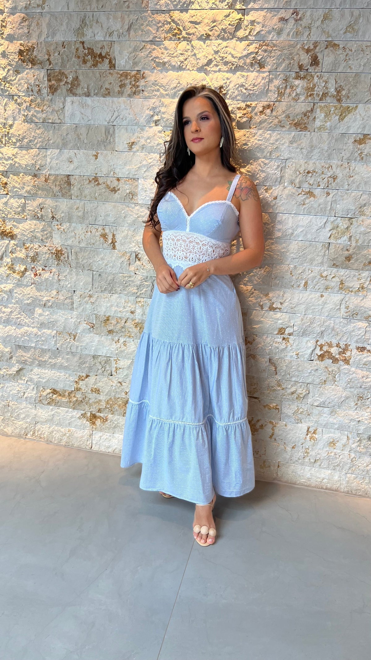 Vestido Midi Strips Detalhe Renda PIS- Estampado 5873