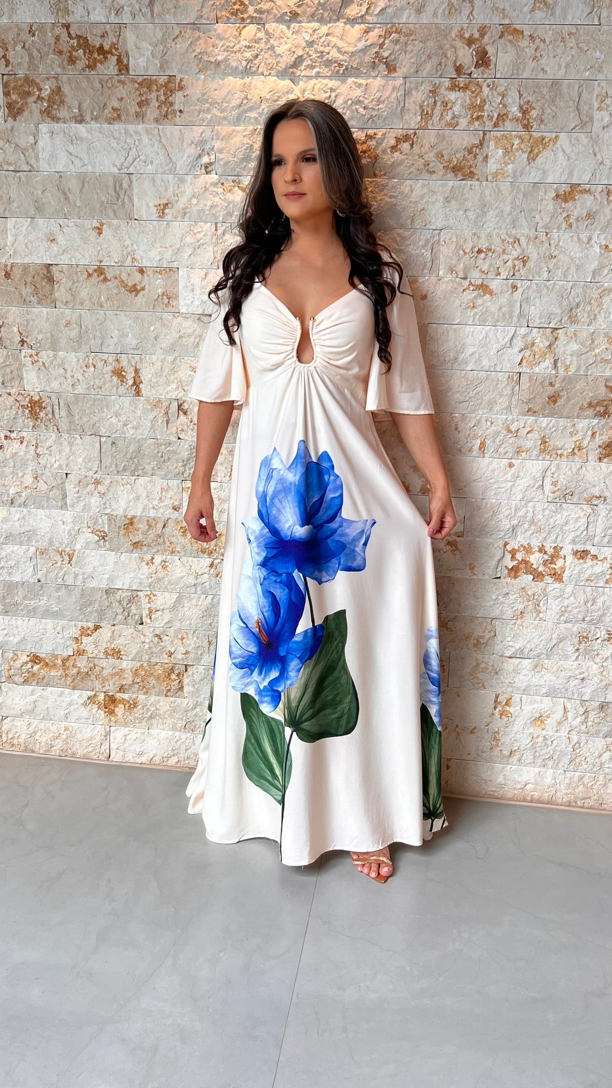 Vestido Longo Manga Buf Dec U POLI- Estampado 6058