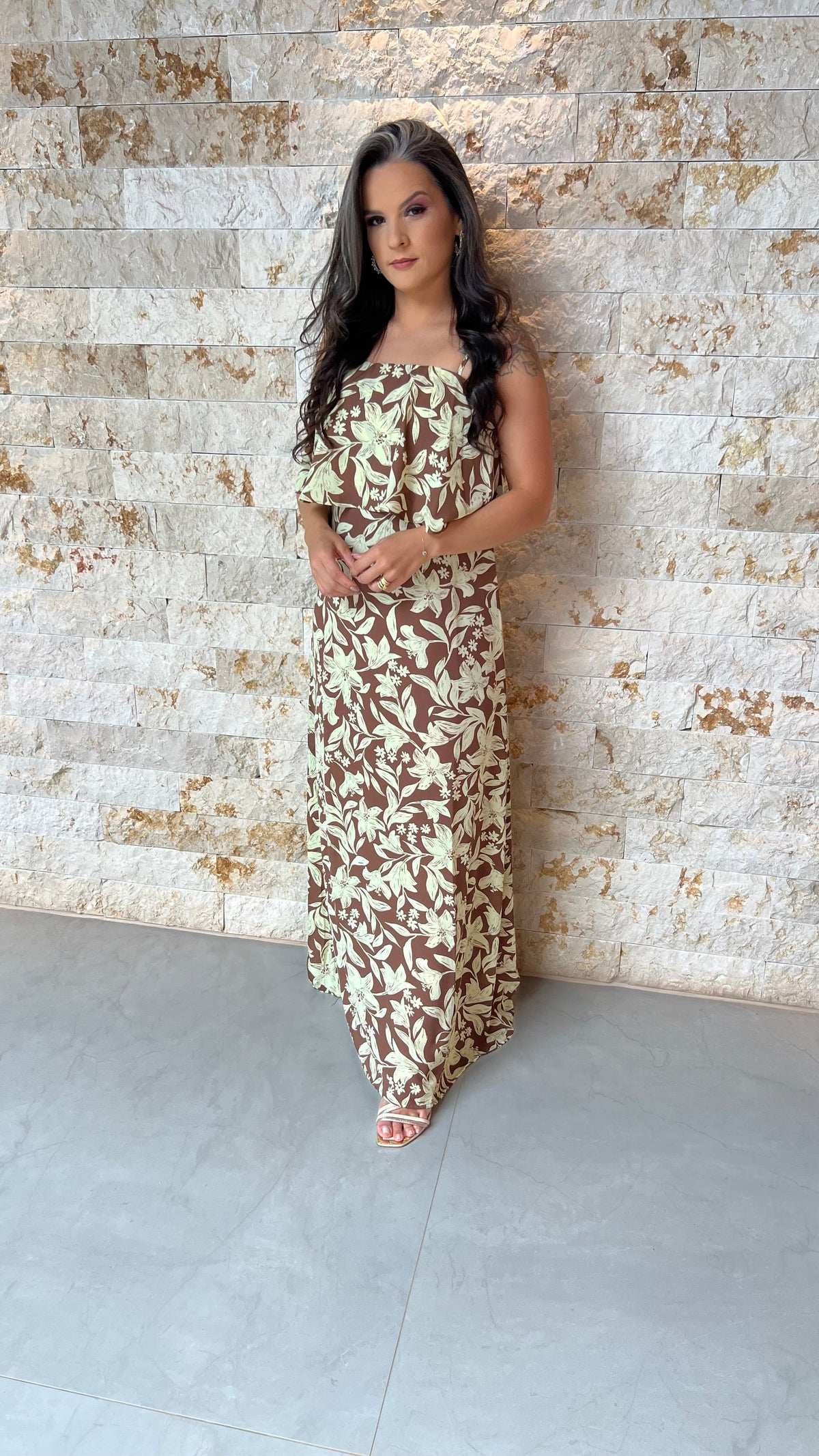 Vestido Longo Alcinha Babado Busto ALO- Marrom 5927