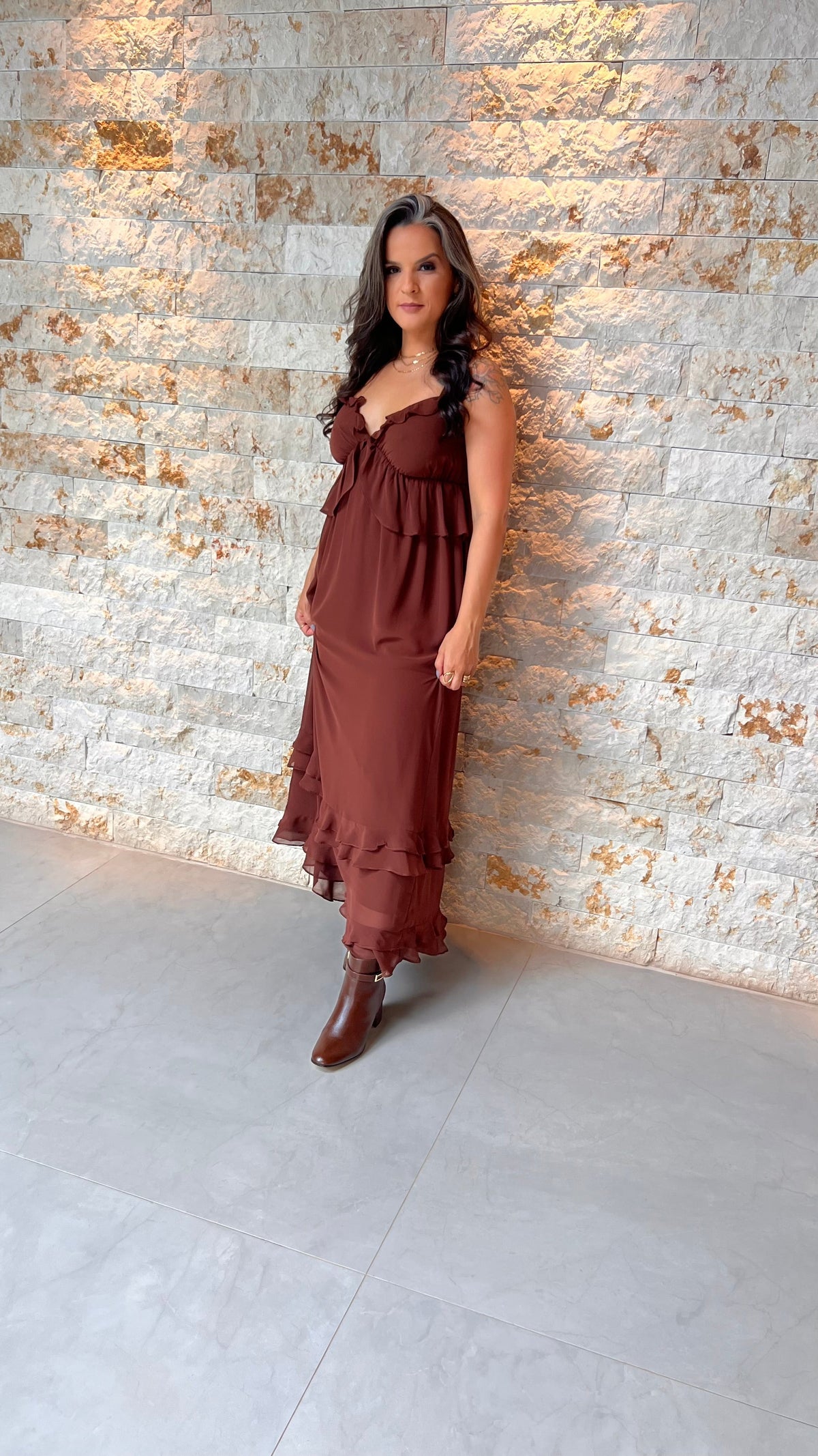 Vestido Longo Chiffon Babados TRIN- Marrom 5717