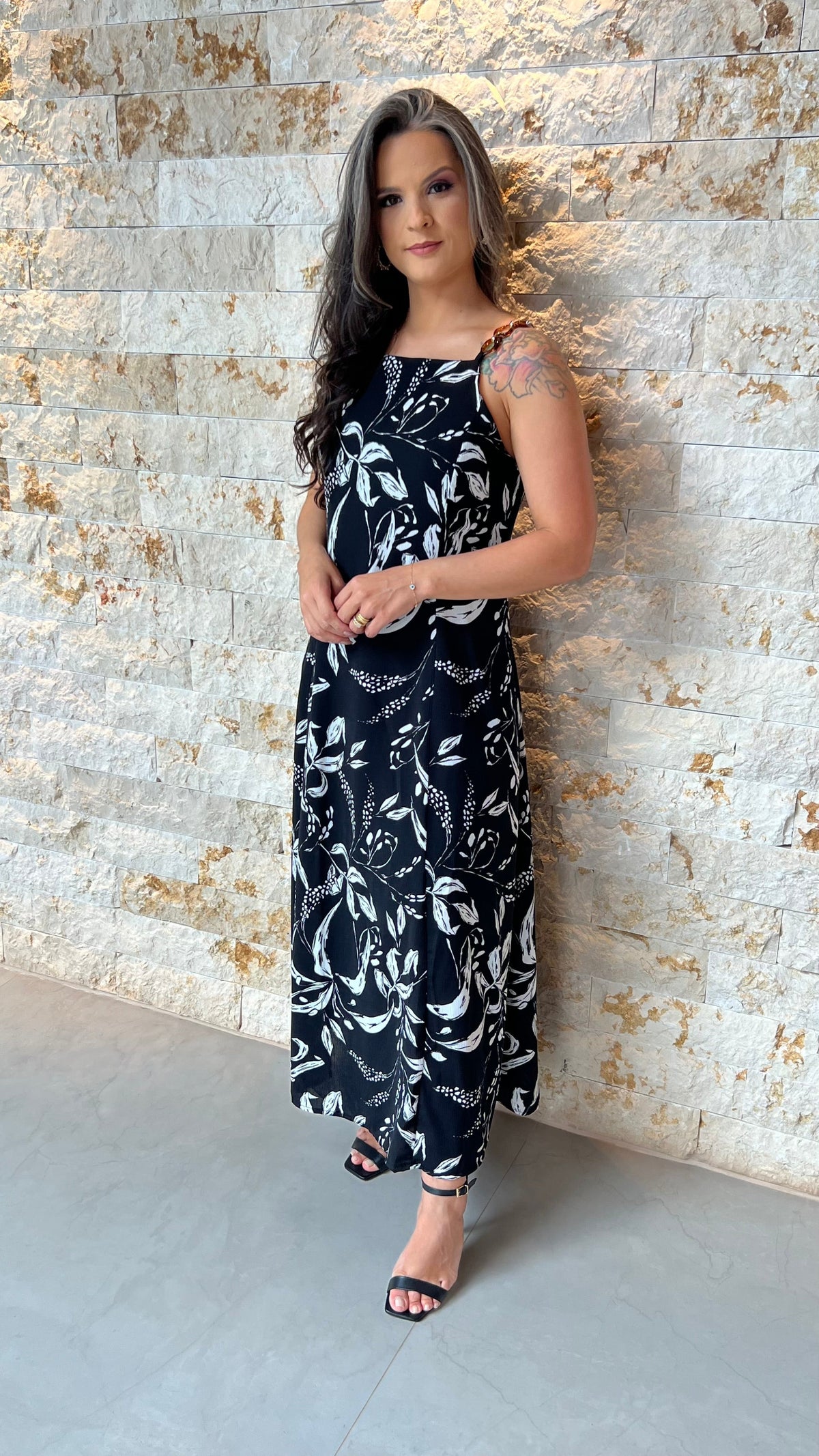 Vestido Midi Alça Fivela ALO- Estampado Preto 5928