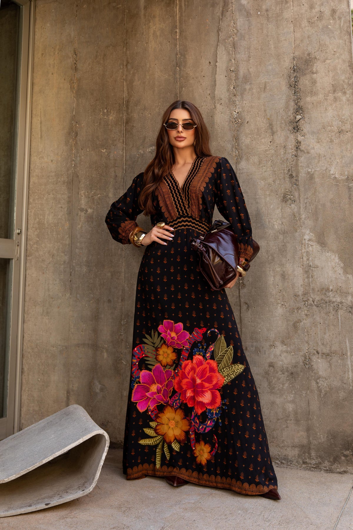 Vestido Longo Manga Flores Vivas ARTE- Estampado Preto 5719