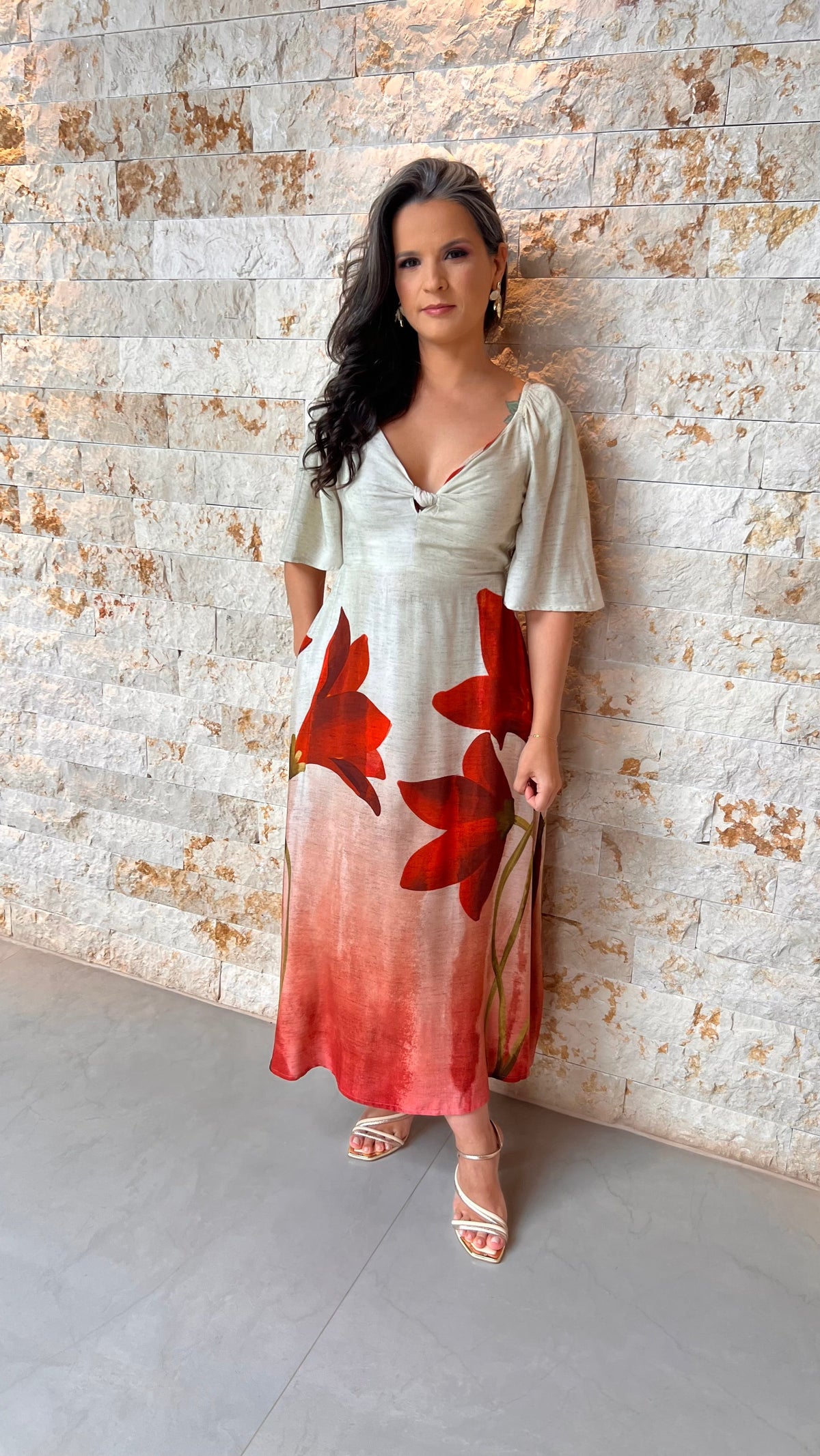 Vestido Midi Flor Laranja RIO- Estampado 5959