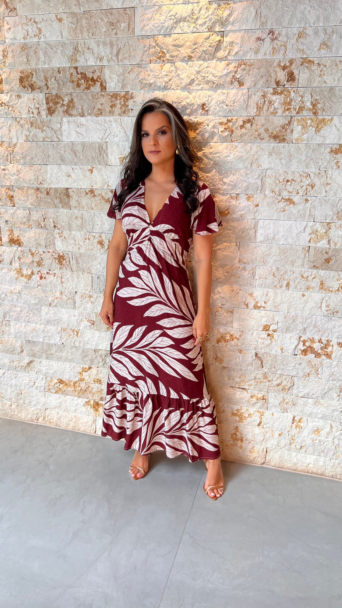 Vestido Midi Fundo Vinho PIS- Estampdo 5640