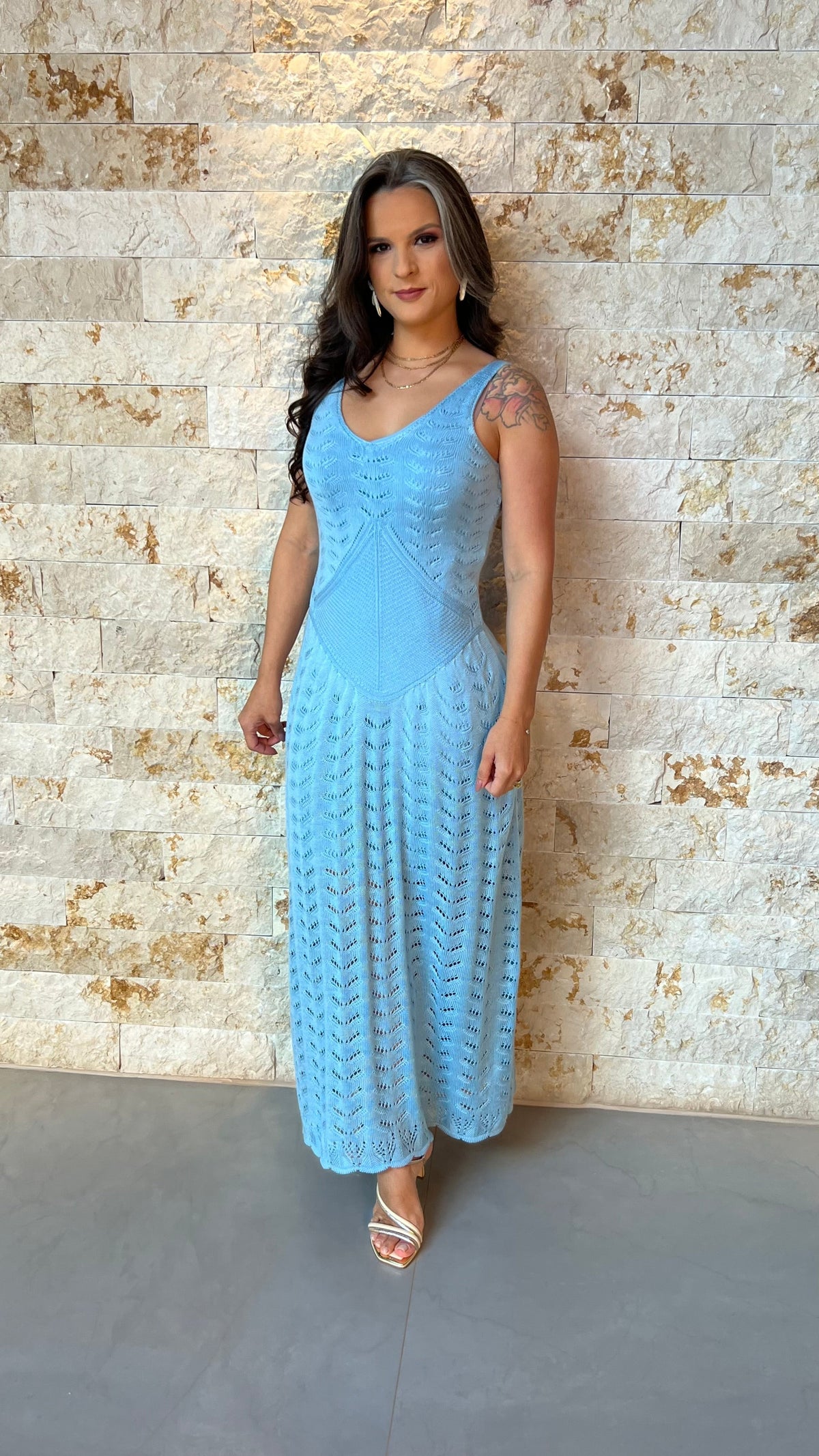 Vestido Midi Tricô Cintura Baixa POLI- Azul 5912