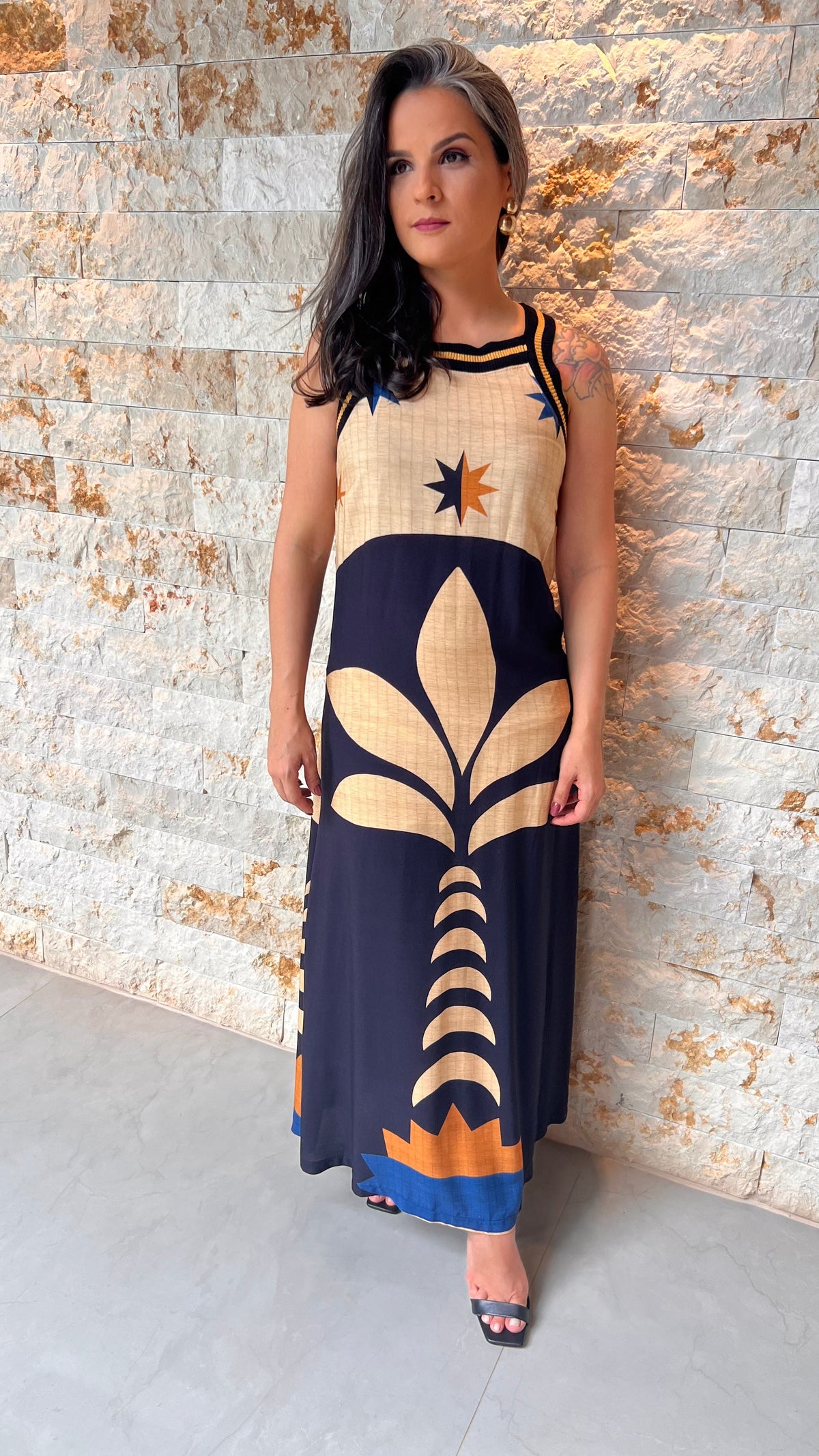 Vestido Longo Flor Nude Trico ARTE - Estampado 5461