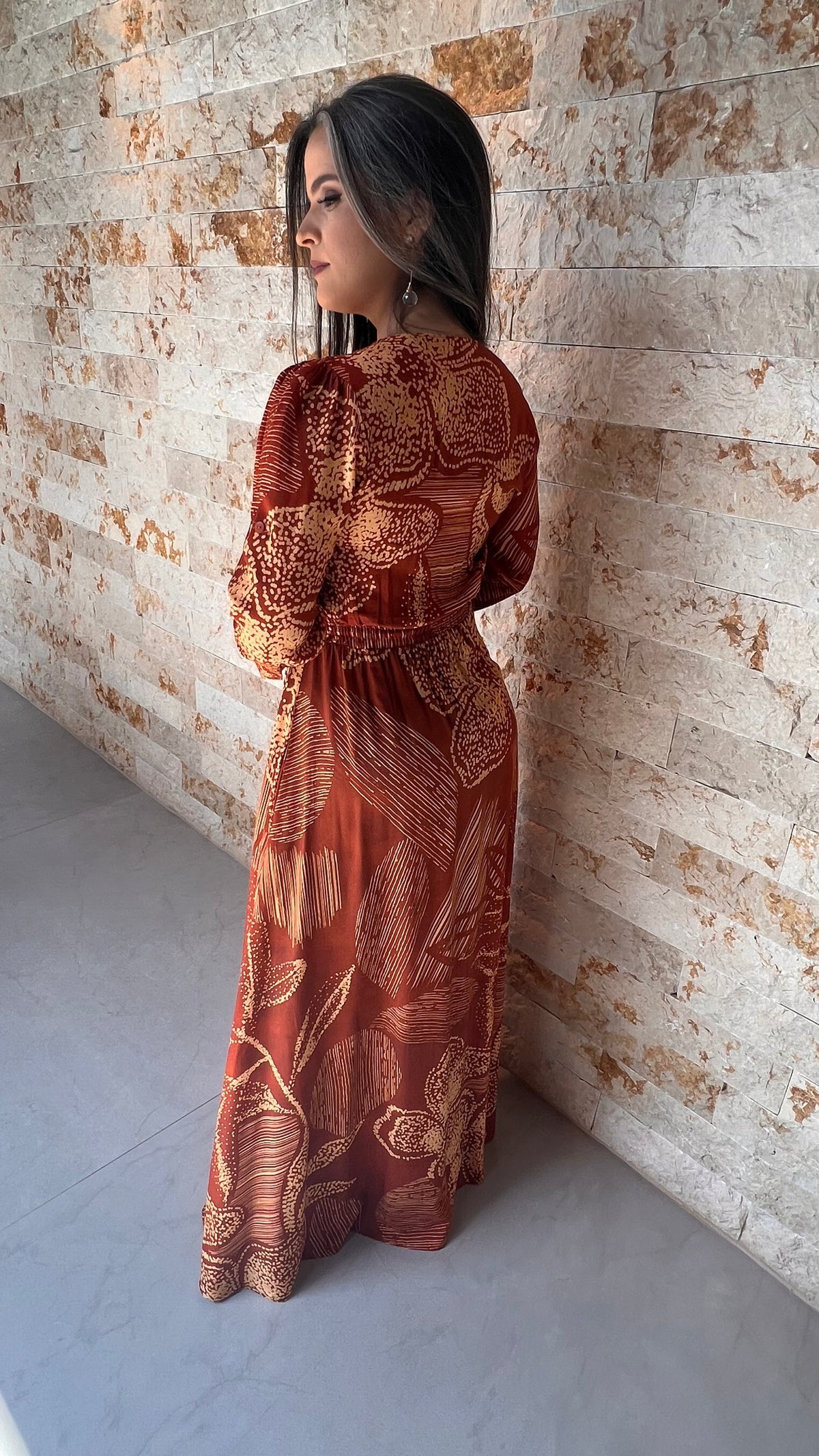 Vestido Longo Manga Folhagem RIO - Estampado 5338