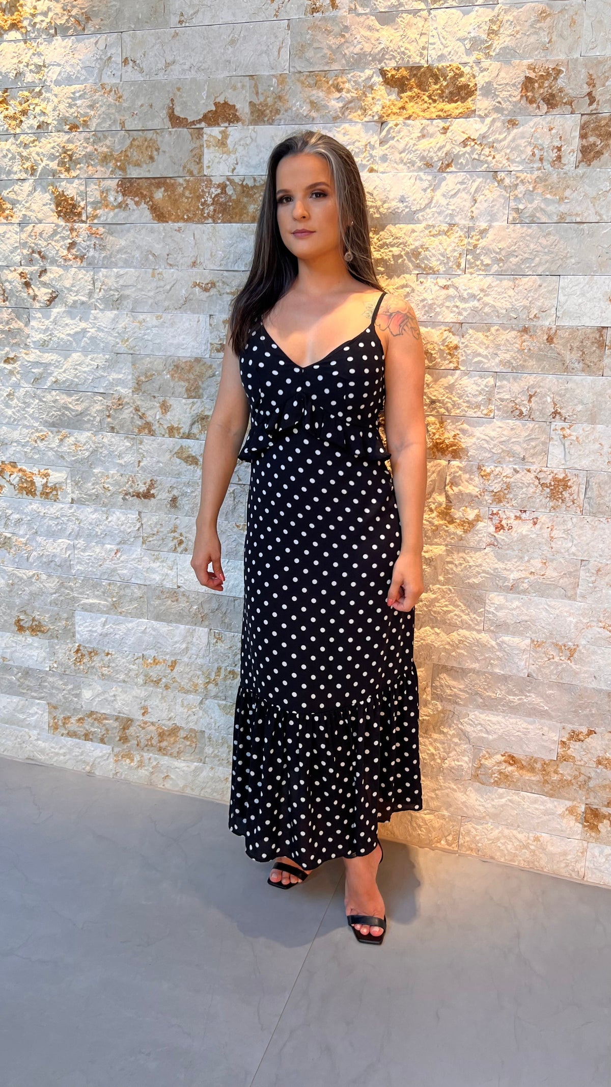 Vestido Midi Alça Poa LA VI - Preto 5361