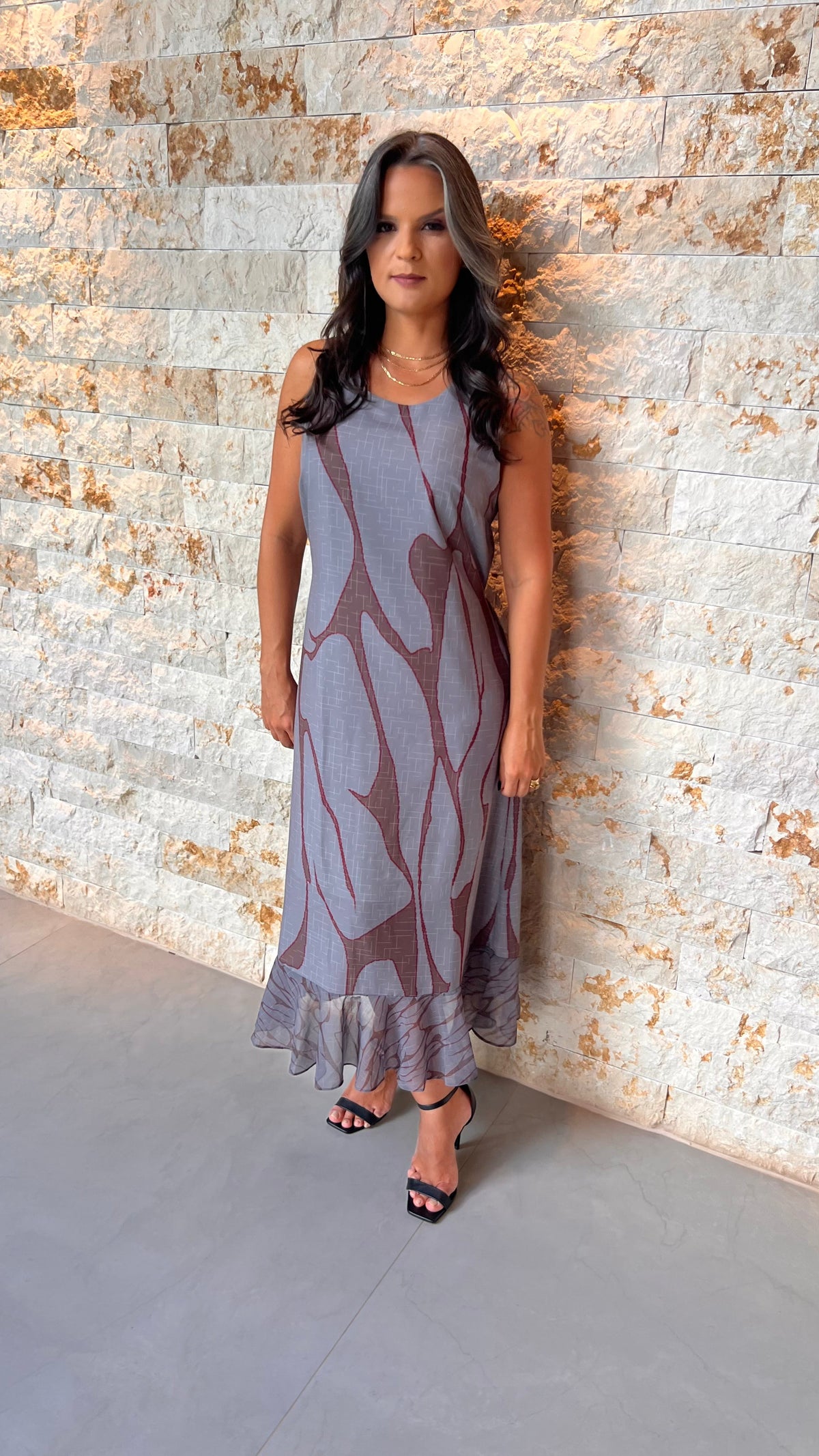 Vestido Midi Chumbo Amarração YU- Estampado Cinza 5548