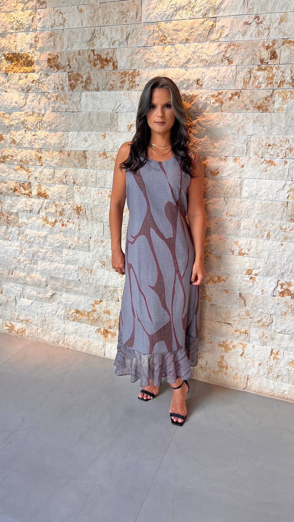 Vestido Midi Chumbo Amarração YU- Estampado Cinza 5548