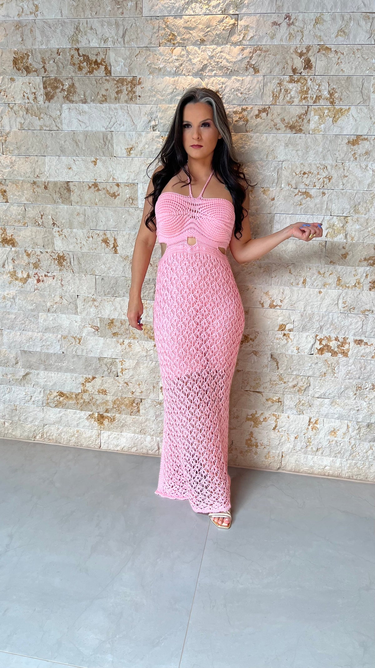 Vestido Midi Tricô Busto POLI- Rosa 5898