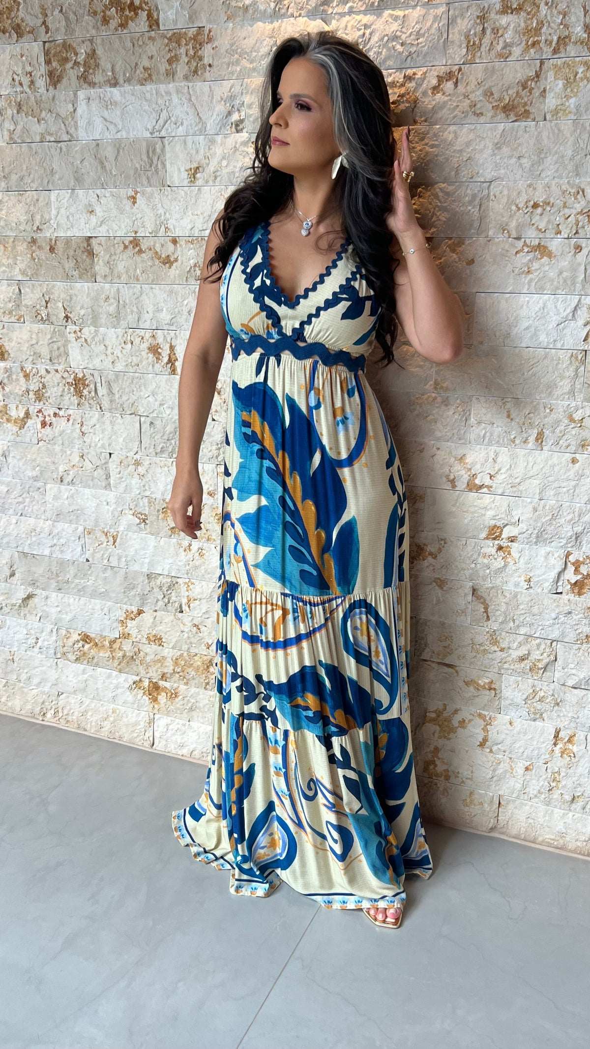 Vestido Longo vazado Cintura ARTE - Estampado 5469