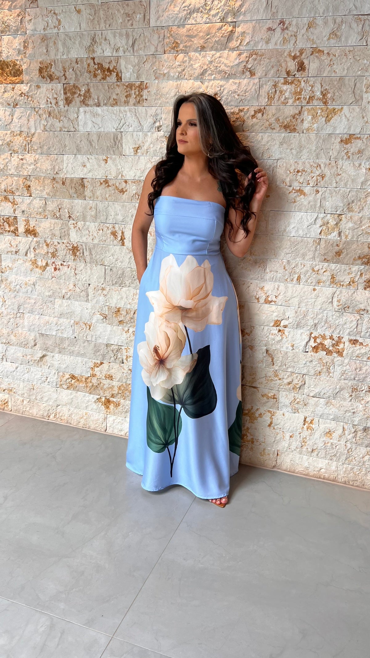 Vestido Longo Tomara Que Caia Flor POLI- Azul 6045