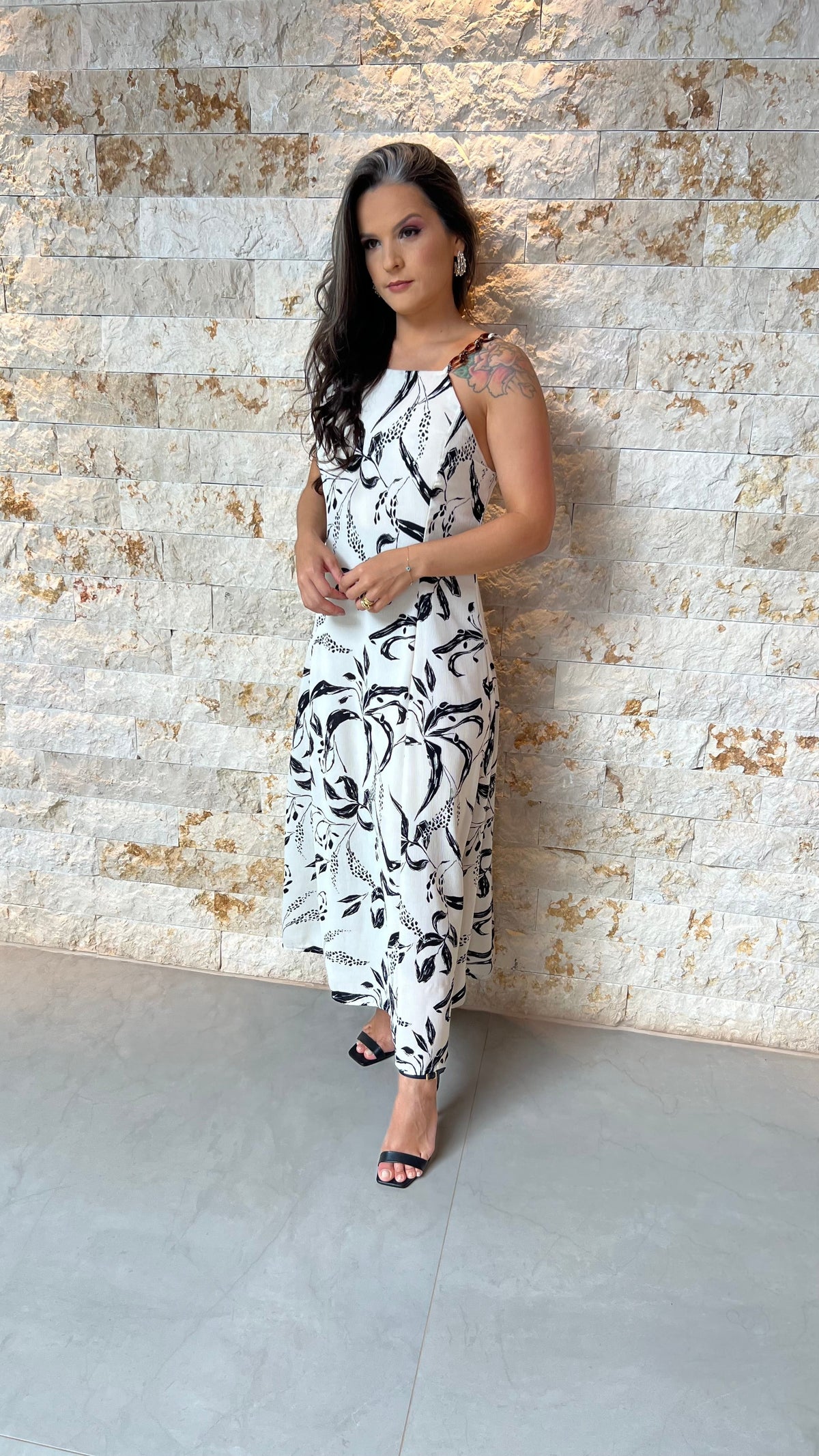 Vestido Midi Alça Fivela ALO- Estampado Branco 5928