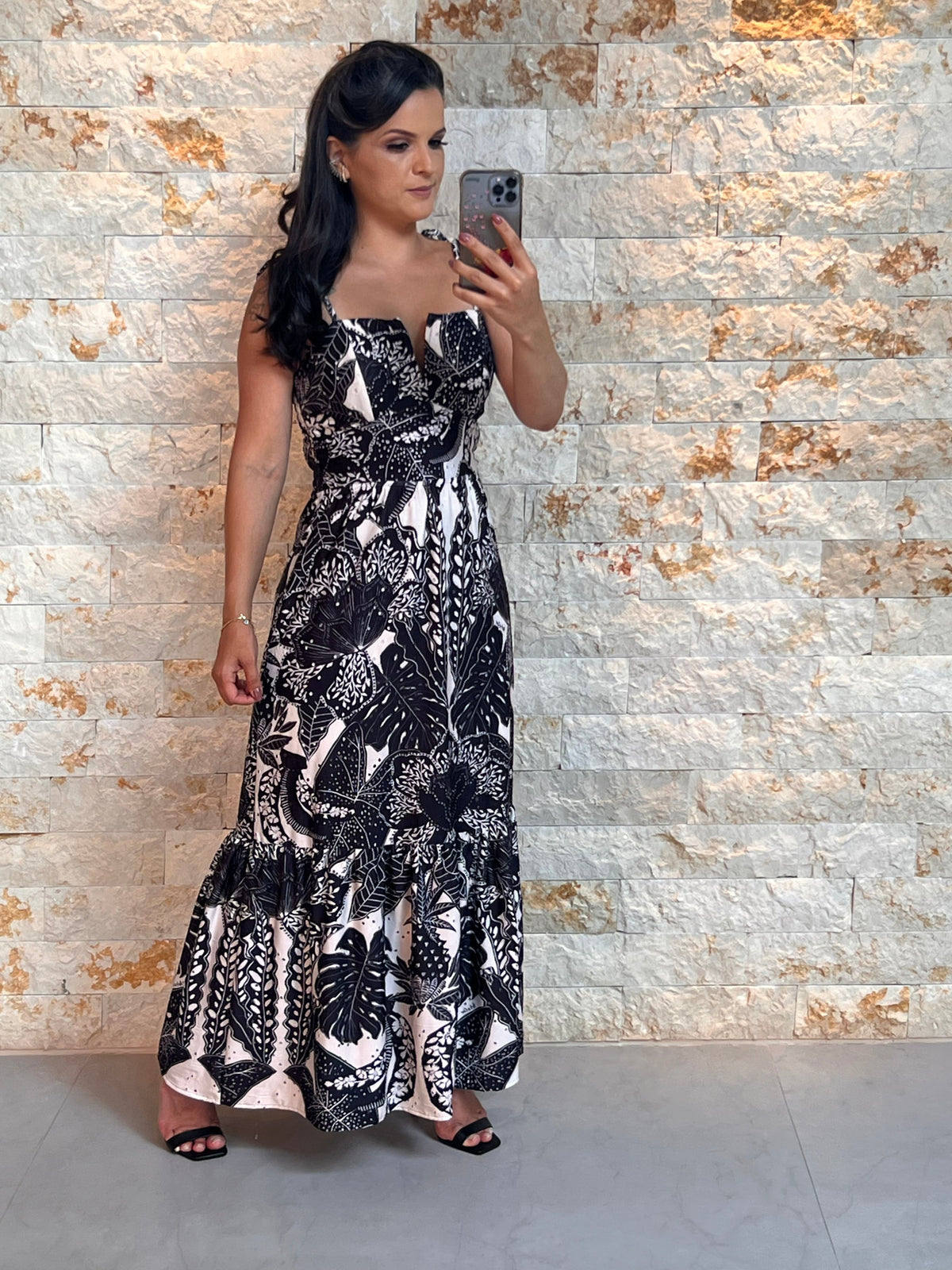Vestido Longuete Malha Lesie ARTE- Estampado P e B 5121
