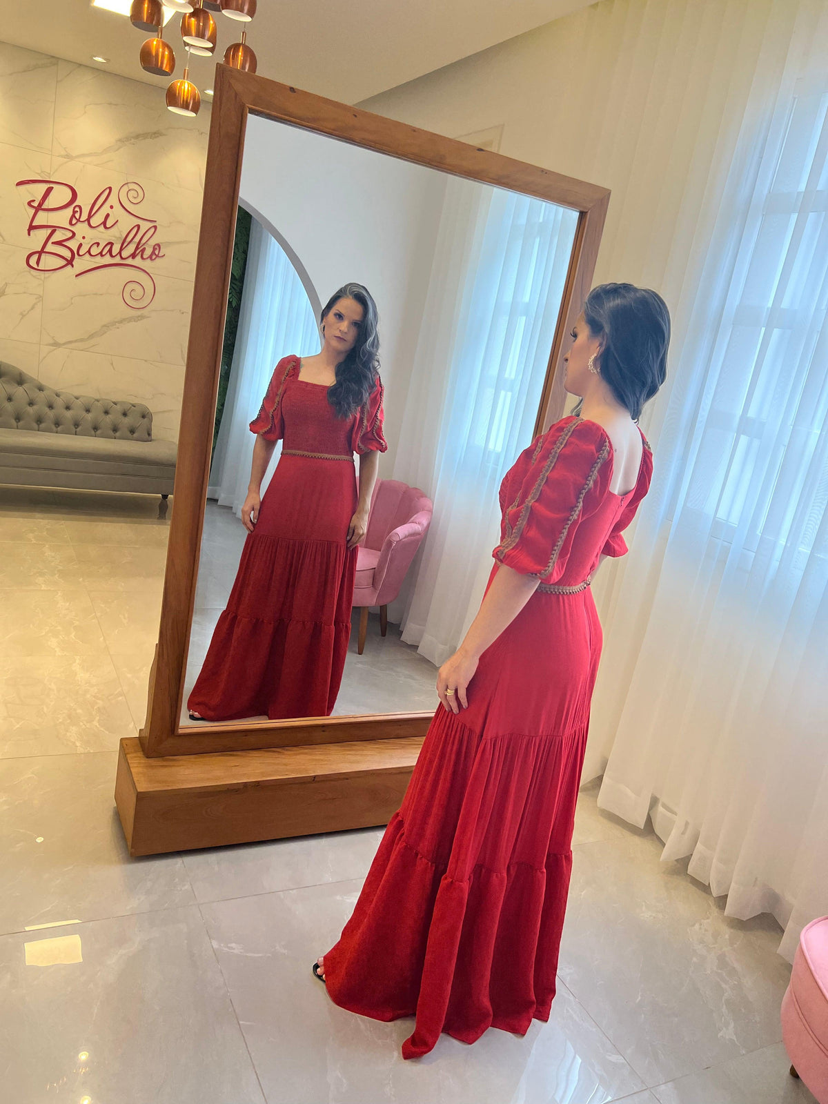 Vestido Longo Lastex Busto Manga Princesa - Liso Vermelho 4367