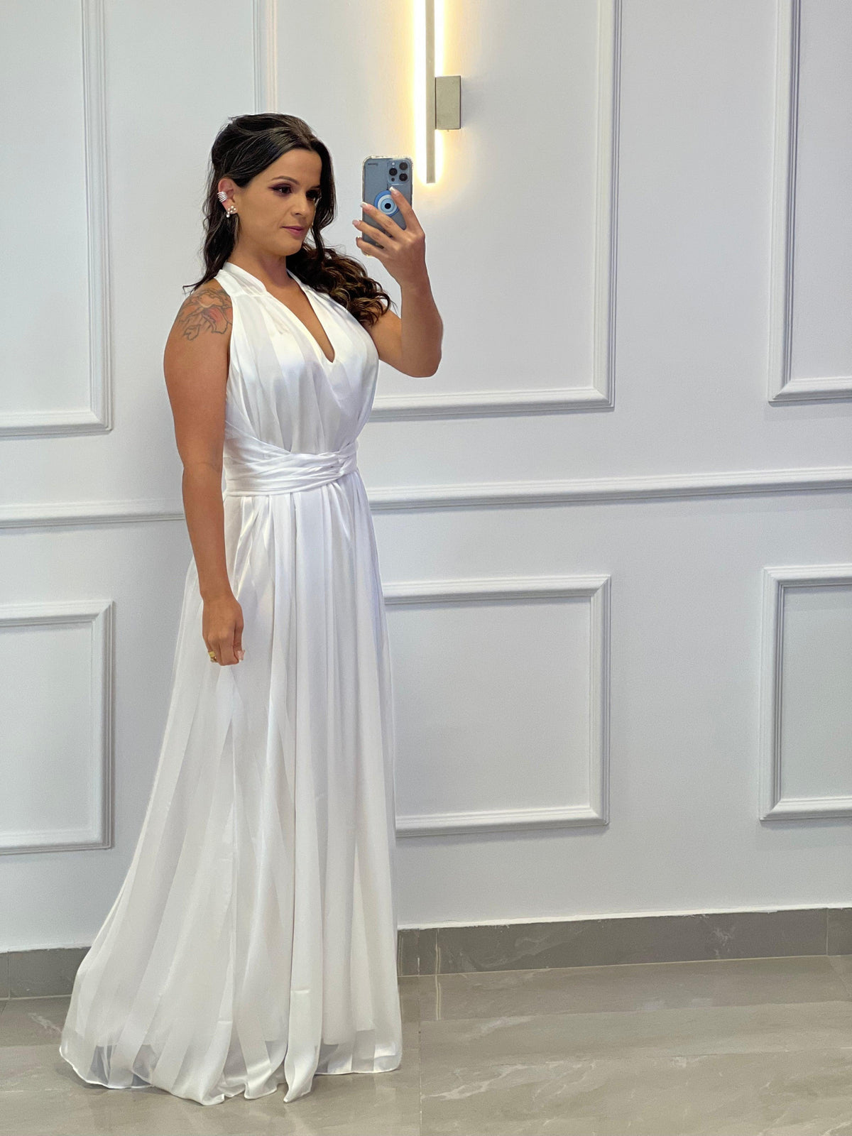 Vestido Longo Conf Tamanho Único Sem Manga Stripe - Branco/Off 1207