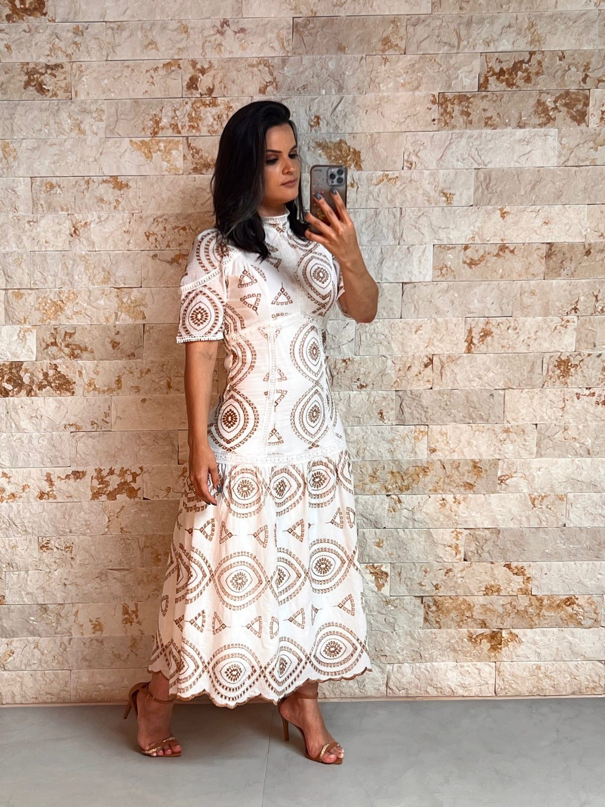 Vestido Midi Lesie Com Guipir - Off White/ Branco 5178