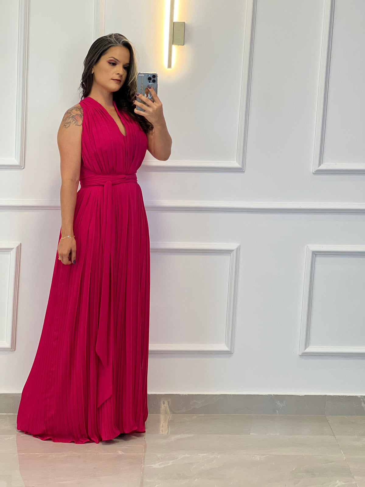 Vestido Longo Conf Tamanho Único Sem Manga Plissado - Fúccia 4480