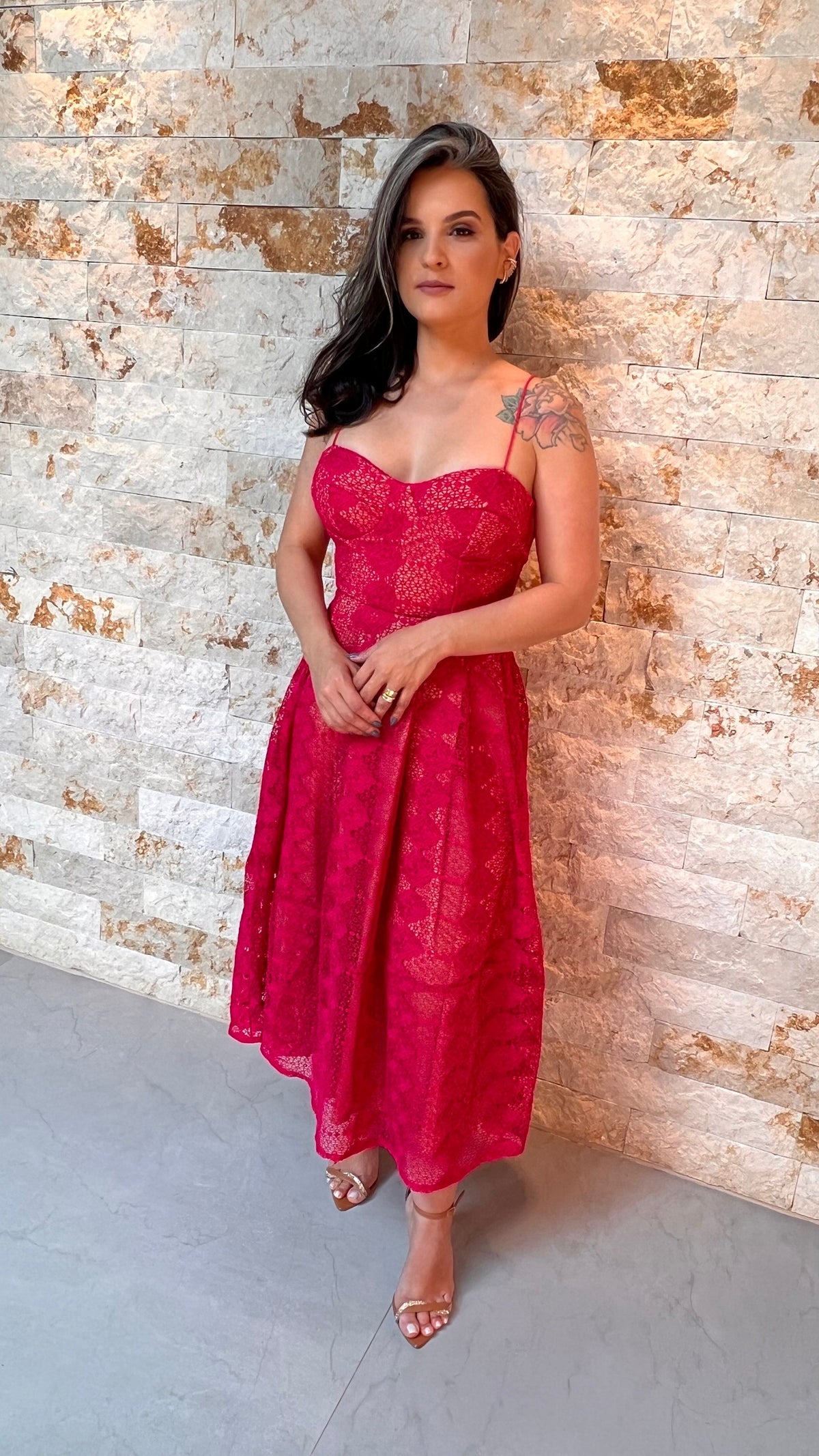 Vestido Midi Alças Finas Renda - Pink 3823