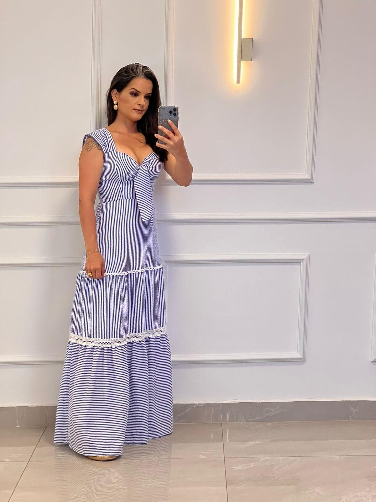 Vestido Longo Amarração Busto Listras Nio- Listra Fina Azul 4999