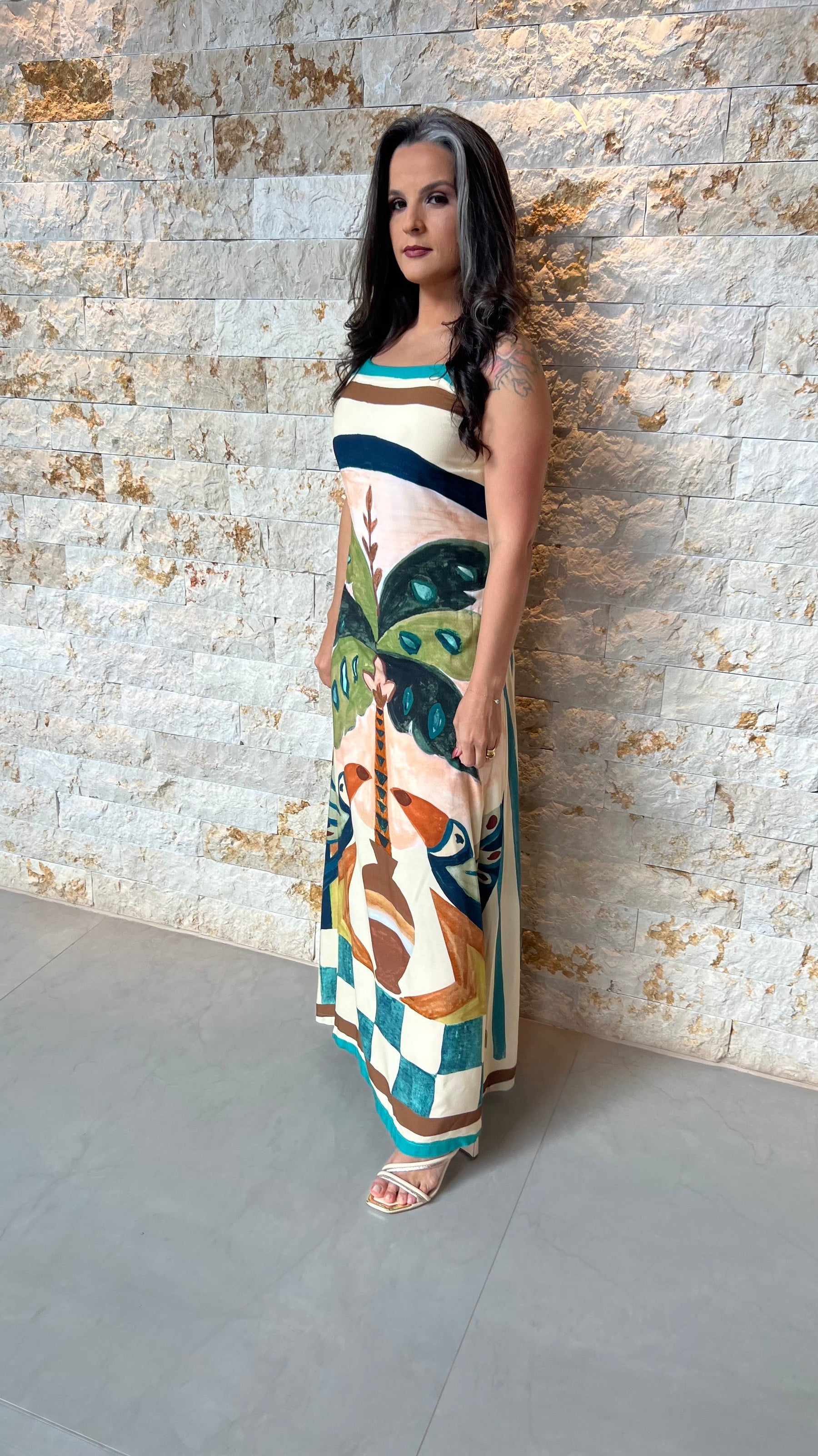 Vestido Longo Alça Det Argola ARTE- Estampado 5867