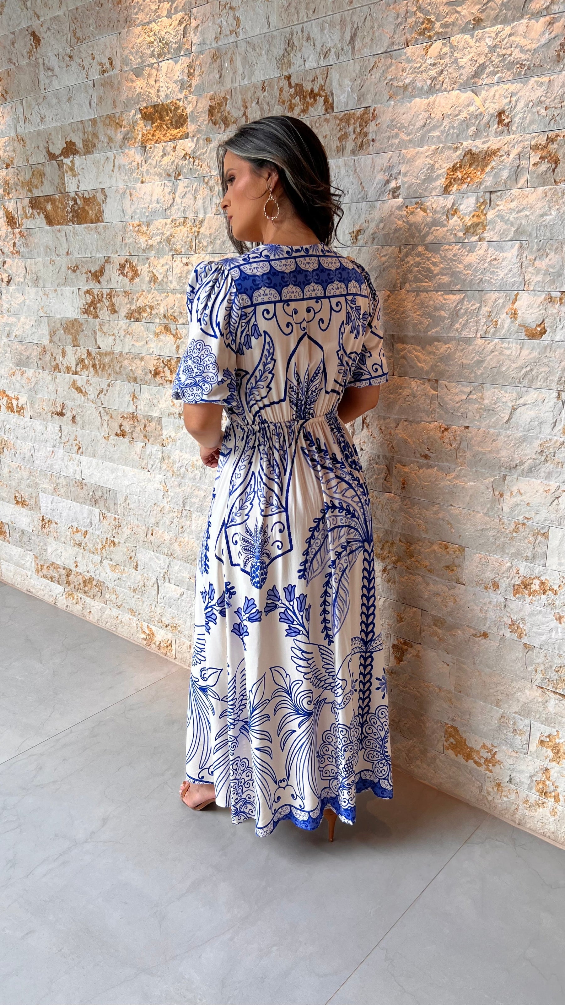 Vestido Longo Dec Azulejo POLI- Estampado Azul 6034