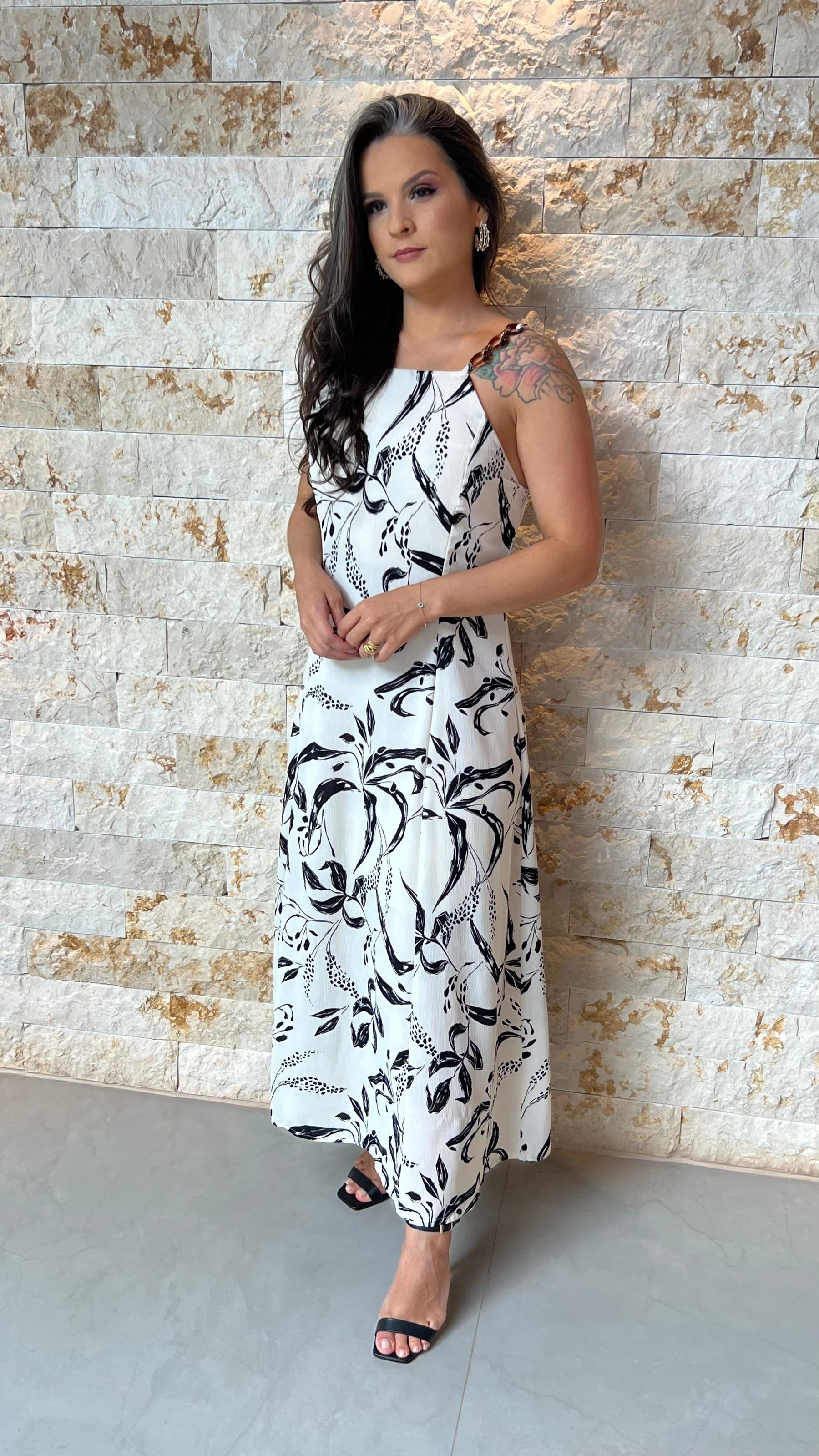 Vestido Midi Alça Fivela ALO- Estampado Branco 5928
