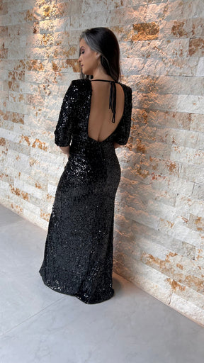 Vestido Longo Paete Fenda - Liso Preto 4333