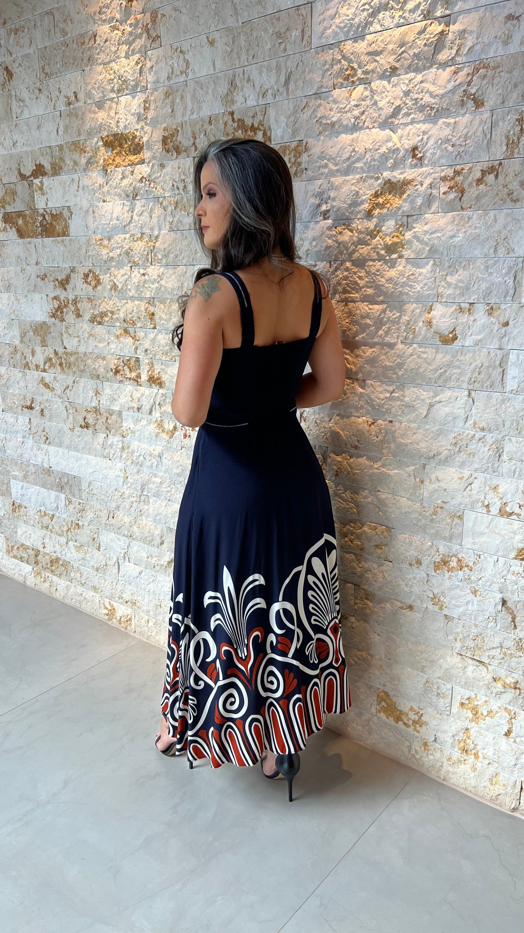 Vestido Midi Alça Larga Barrado PIS- Estampado 5904