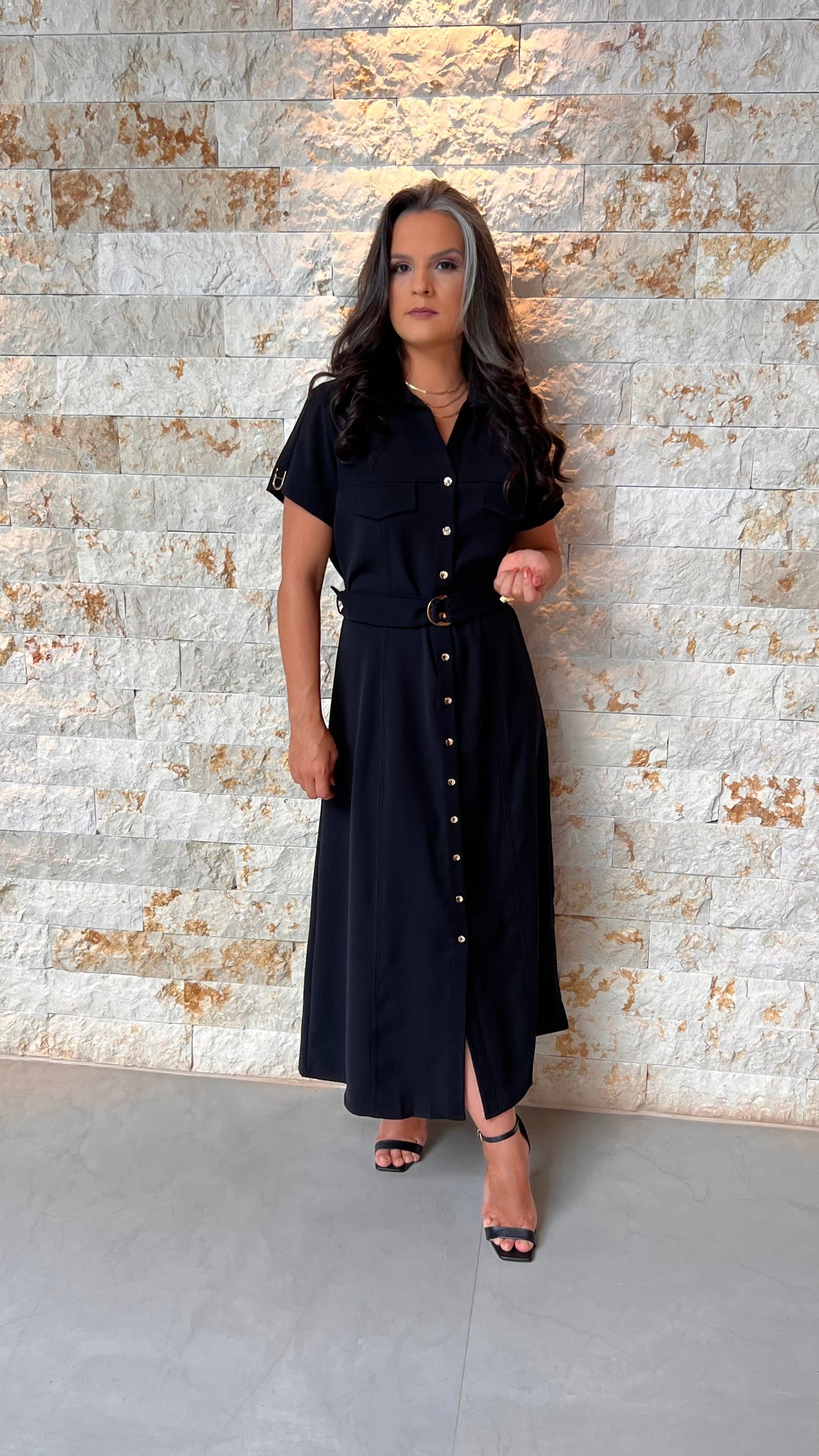 Vestido Midi Utilitário Cinto Bolso PIS - Preto 5594