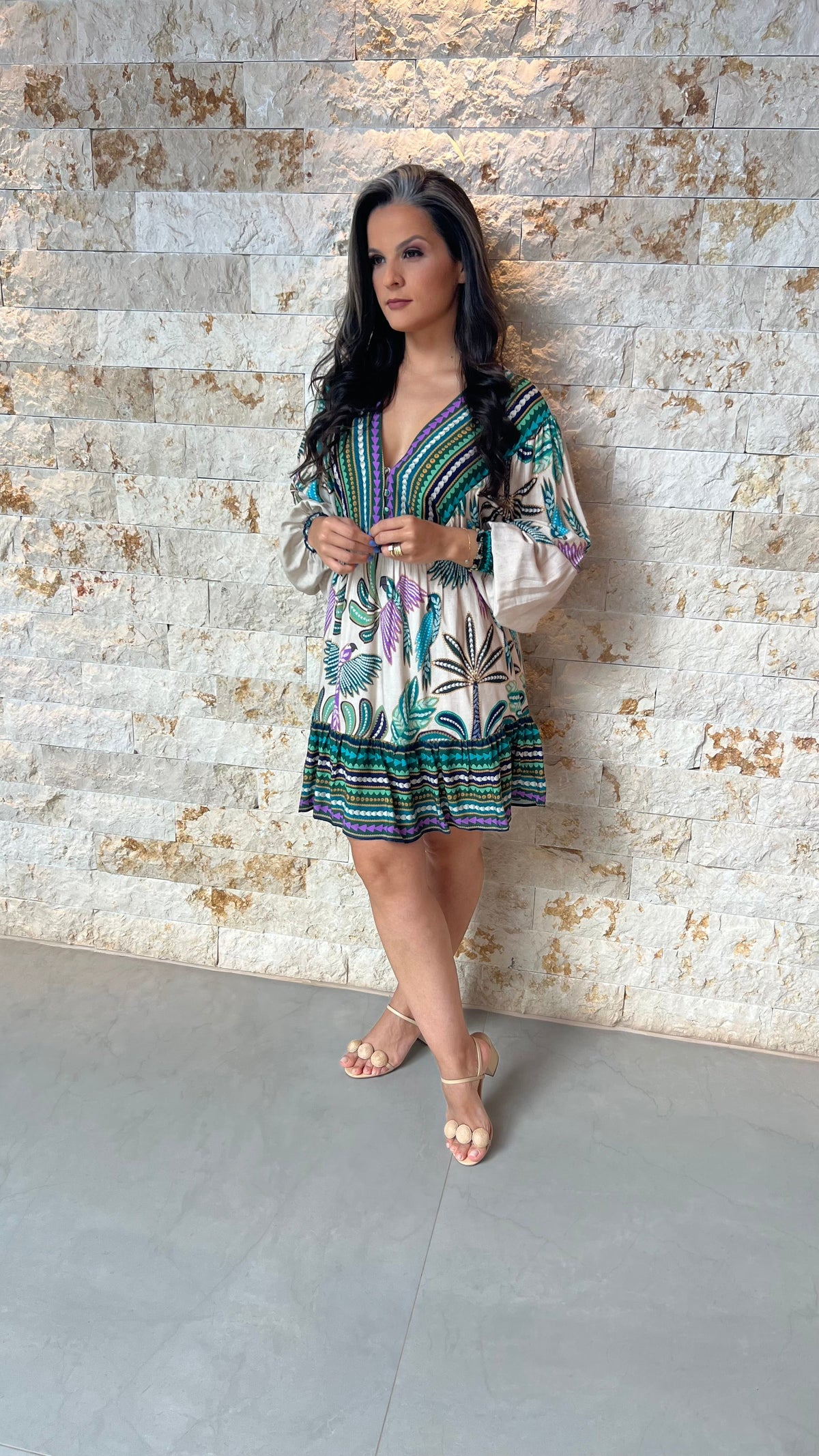 Vestido Curto Manga Longa Pássaros CHI- Estampado 5879