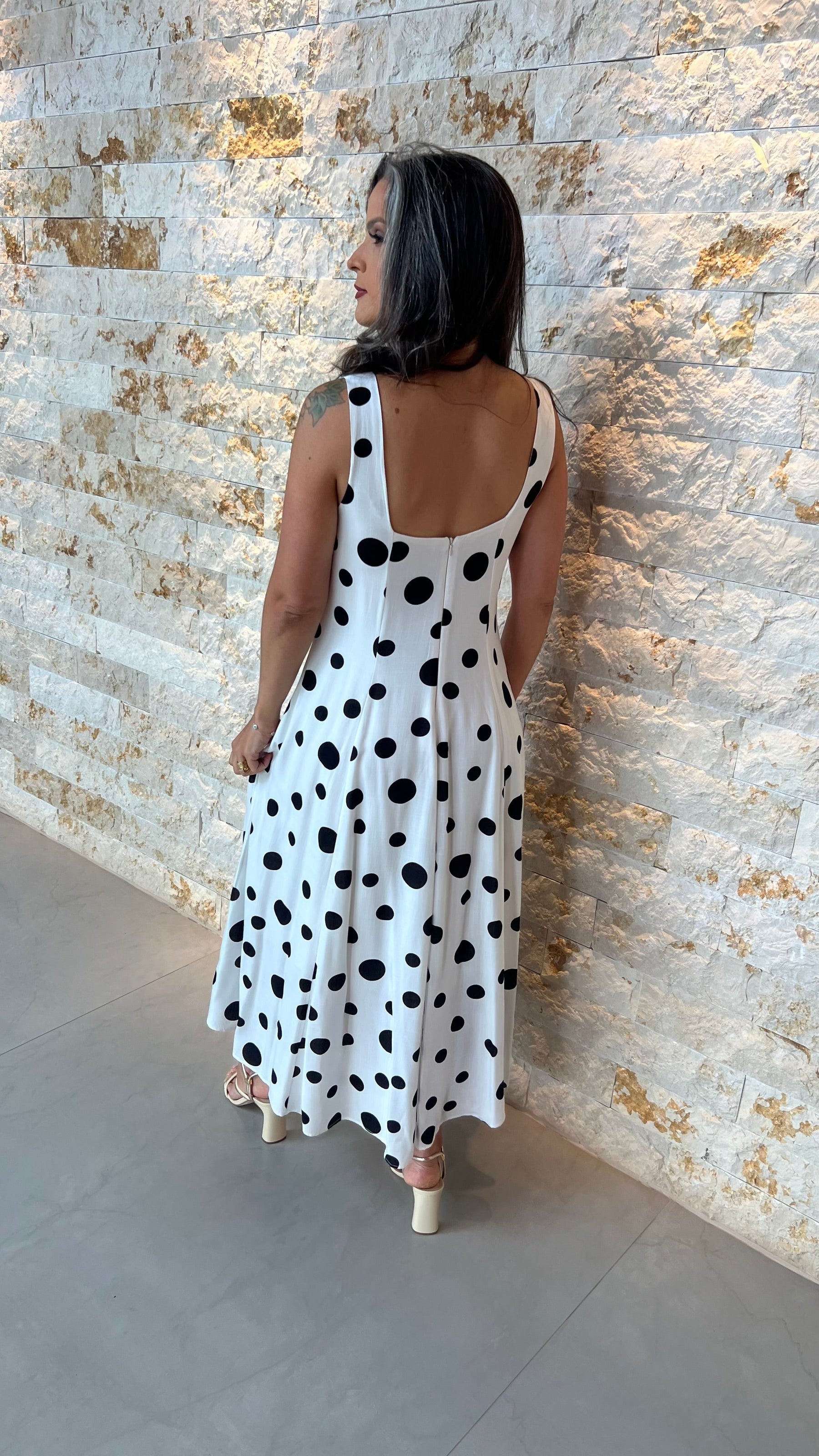 Vestido Midi Poa Decote ARA- Branco 5859