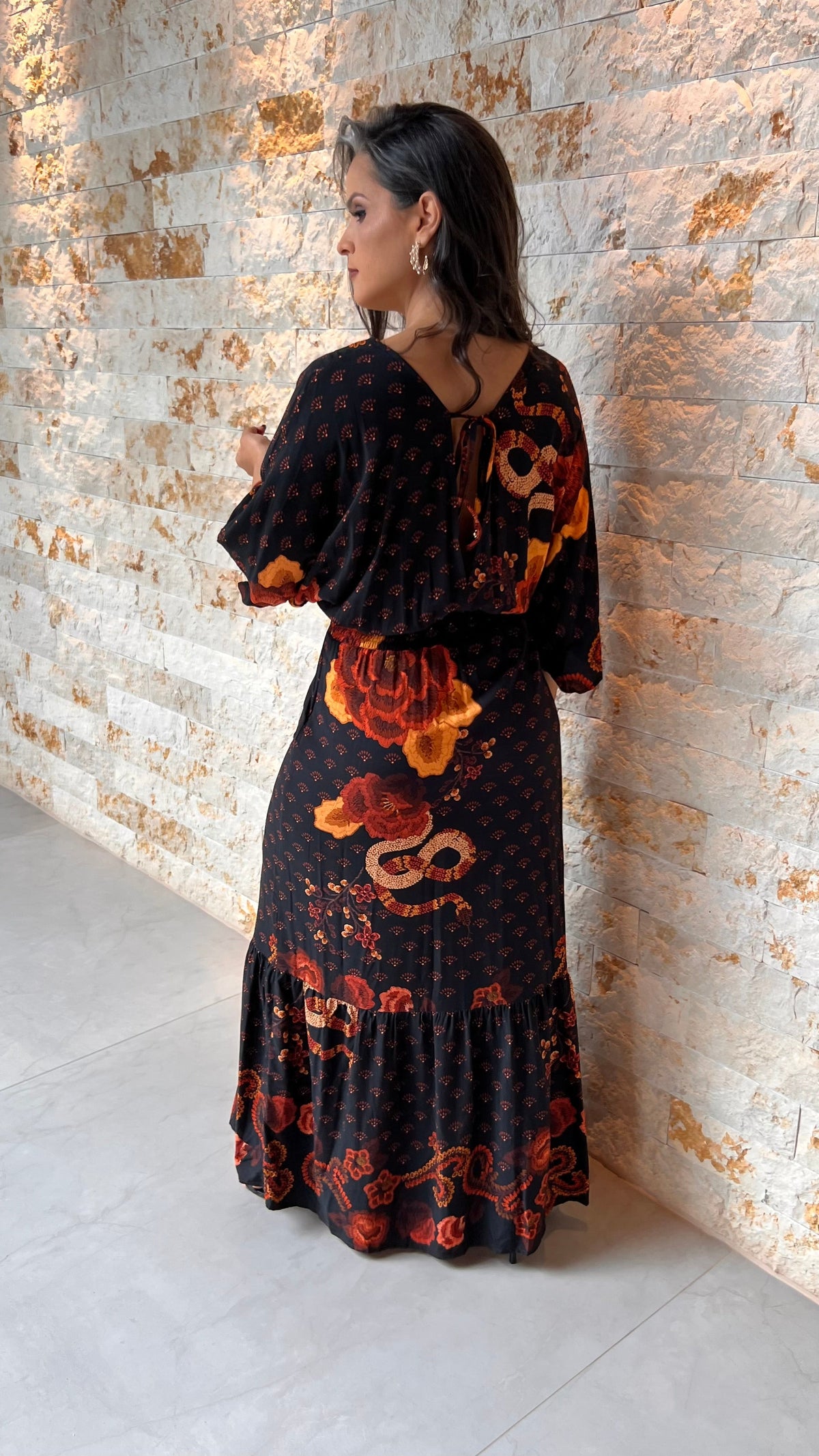 Vestido Longo Fundo Preto ARTE- Estampado 5747