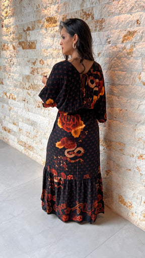 Vestido Longo Fundo Preto ARTE- Estampado 5747