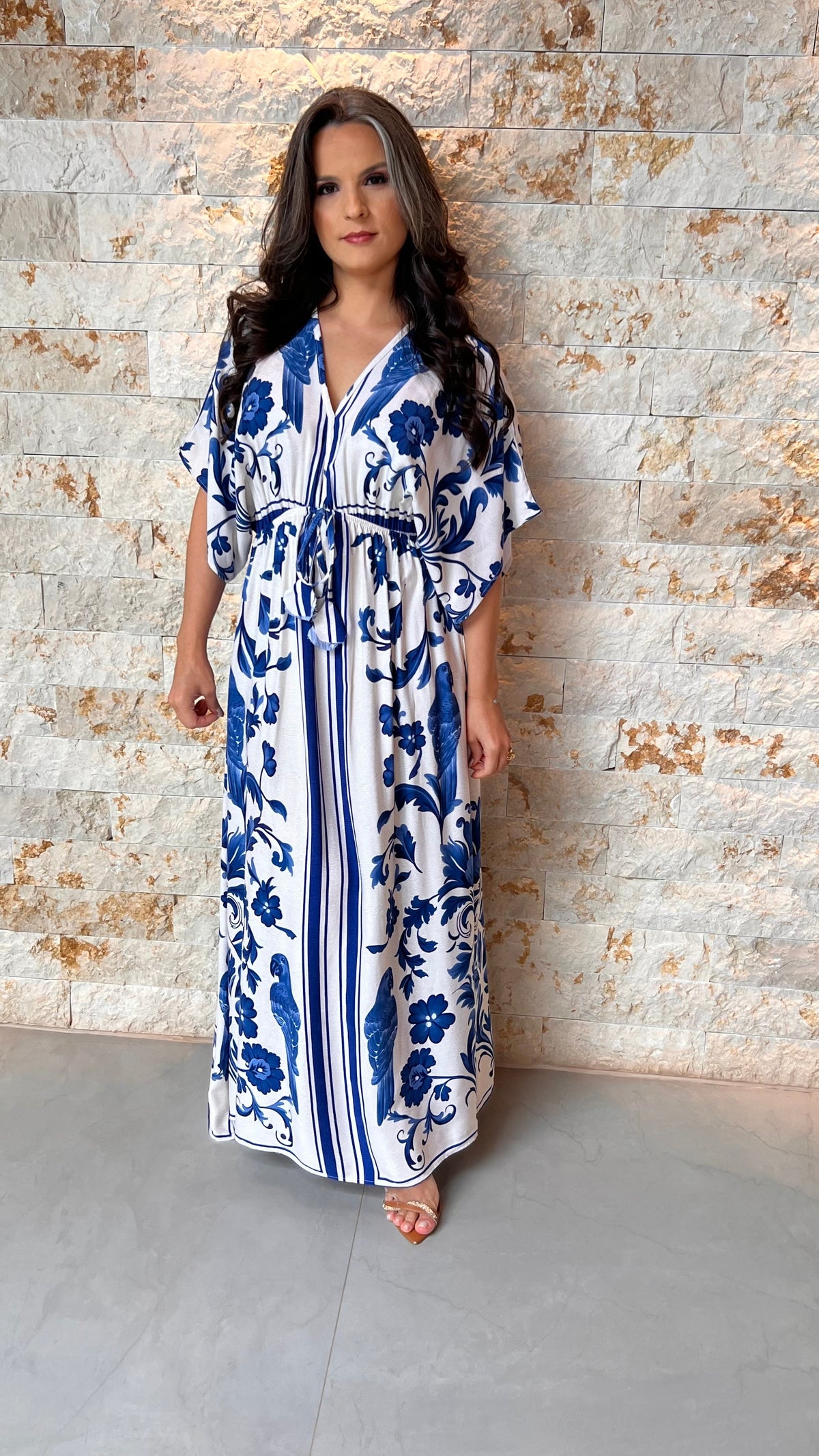 Vestido Longo Manga Solta POLI- Estampado Azul 5978