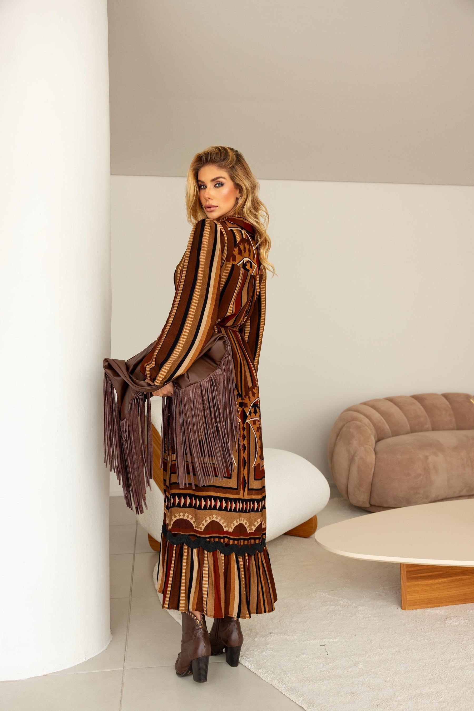 Vestido Midi Manga Longa Listras ARTE - Estampado 5706