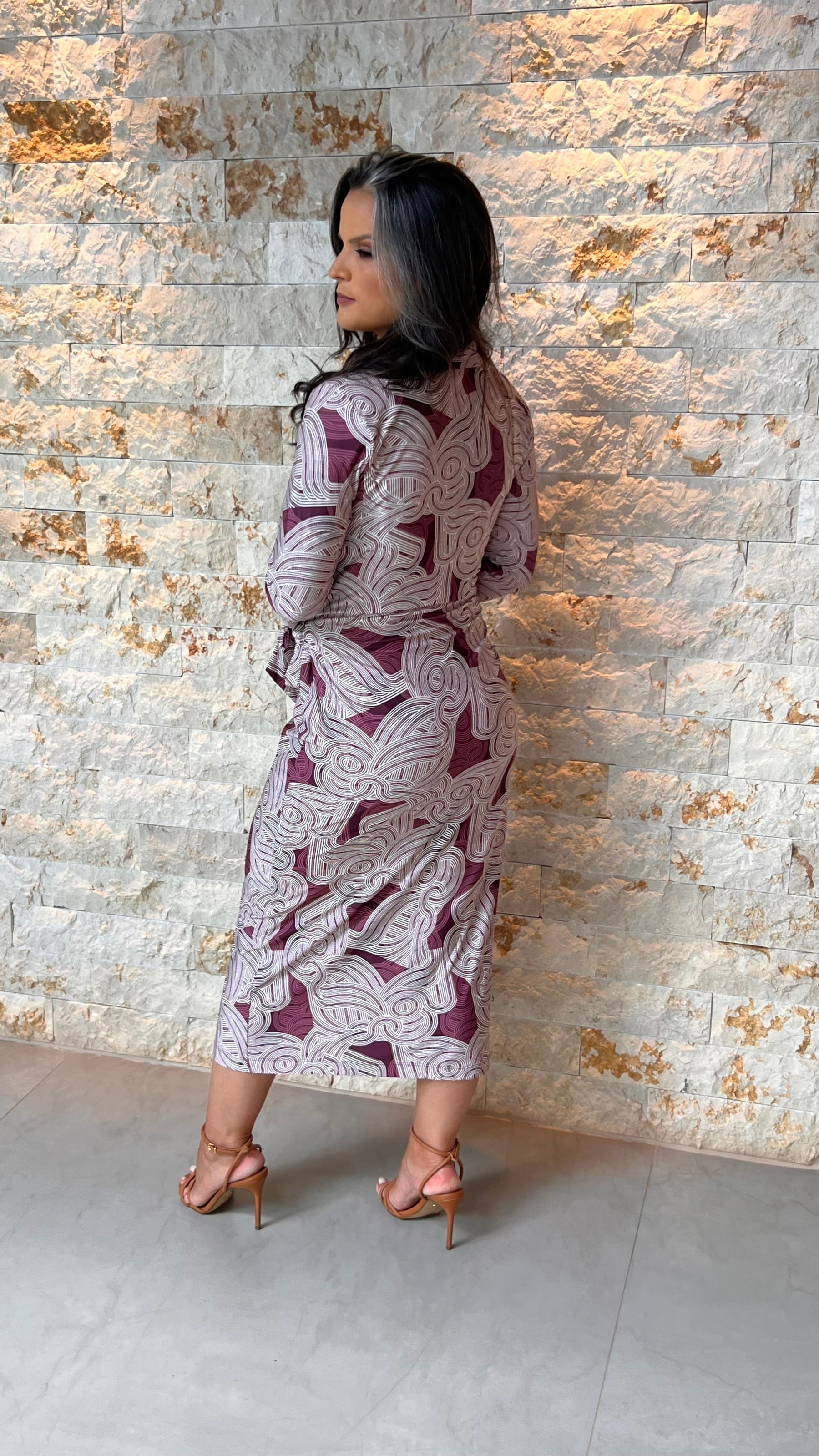 Vestido Midi Manga Trans Gola Jersey-  Bordô Estampado 5577