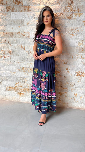 Vestido Midi Lastex Amarração Ombro PIS- Estampado 6001