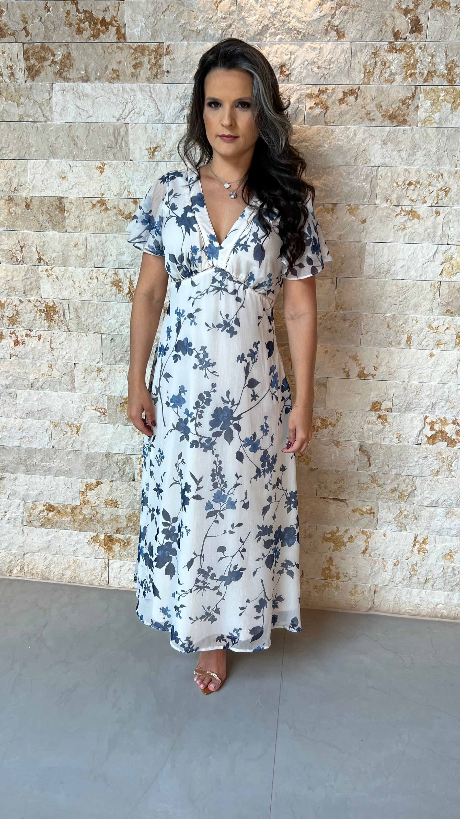 Vestido Midi Tule Babado Manga PIS- Estampado 5940