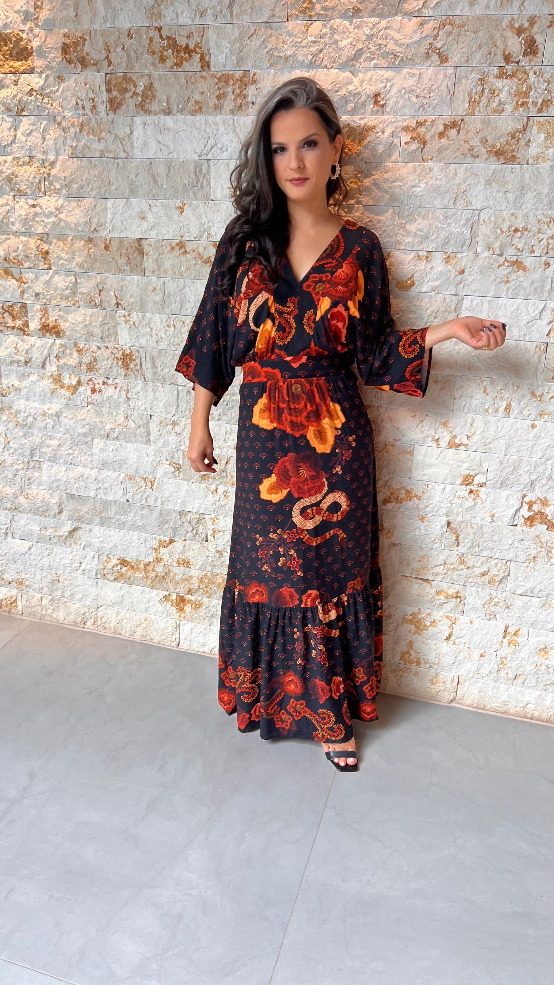 Vestido Longo Fundo Preto ARTE- Estampado 5747