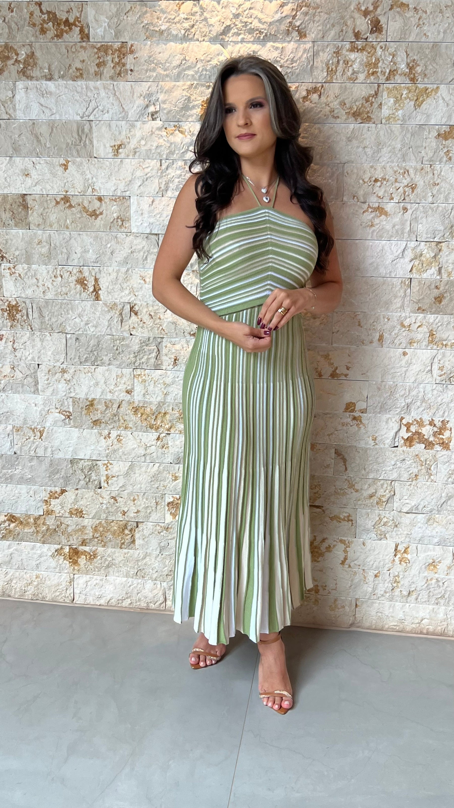 Vestido Midi Tricô Plissado Diag Poli- Verde 5947