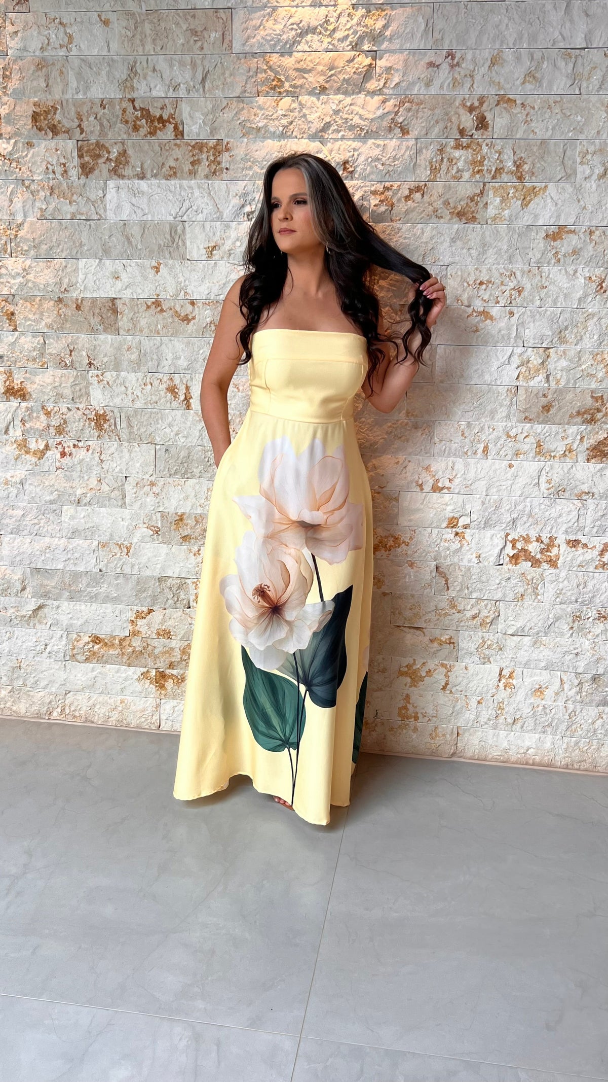 Vestido Longo Tomara Que Caia Flor POLI- Amarelo 6045