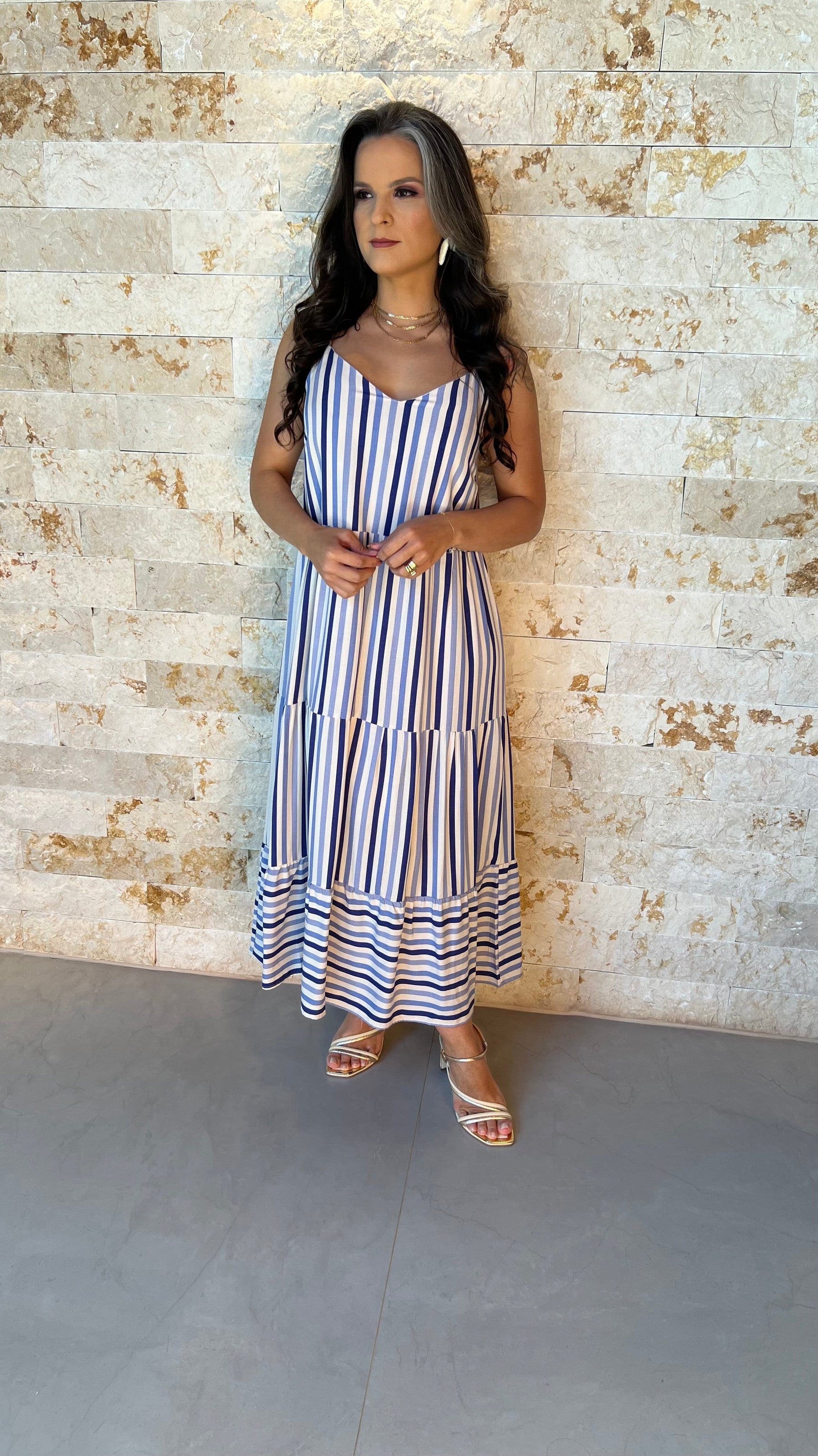 Vestido Midi Viscolinho ARA- Listrado Azul 5915