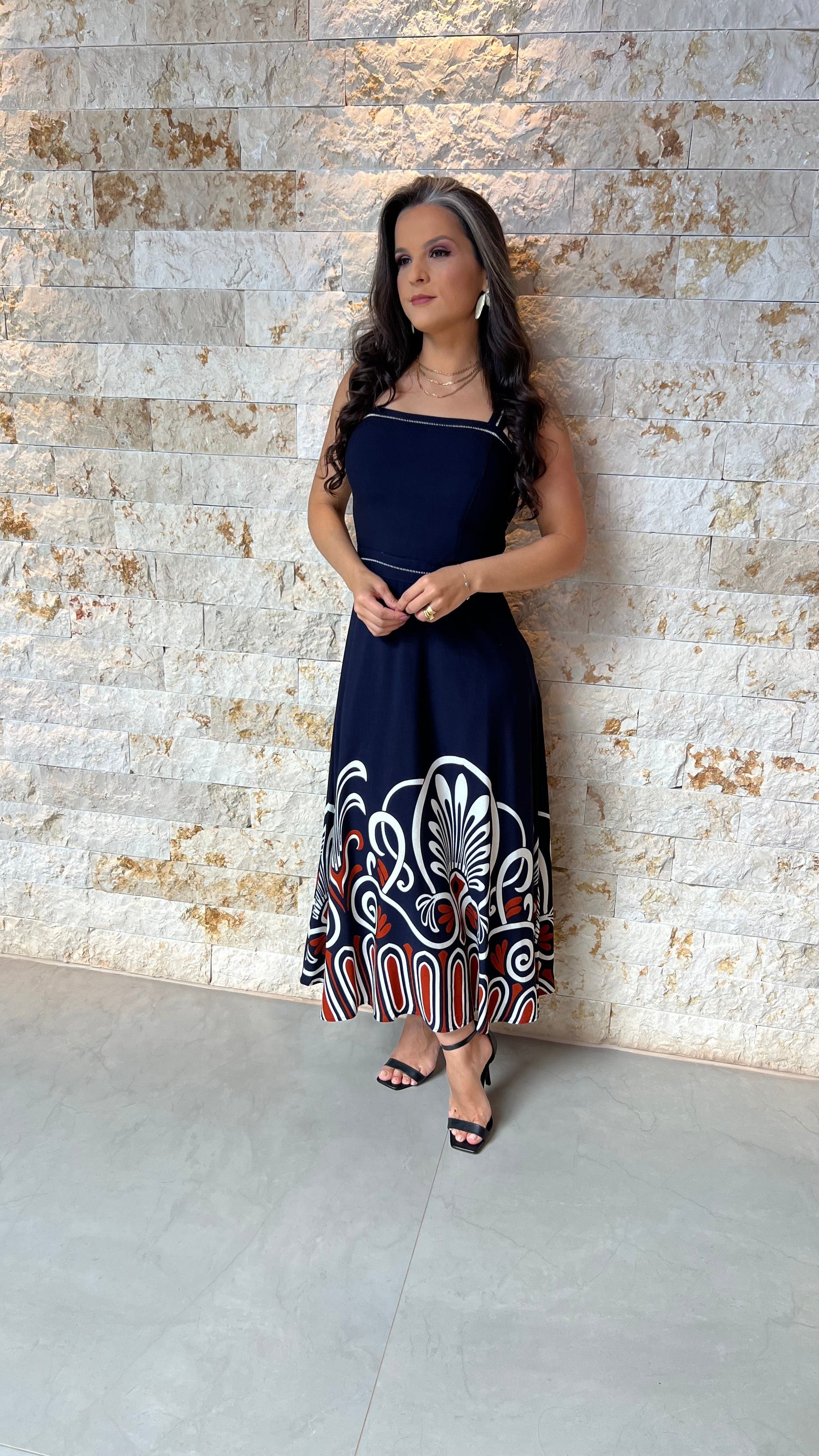 Vestido Midi Alça Larga Barrado PIS- Estampado 5904