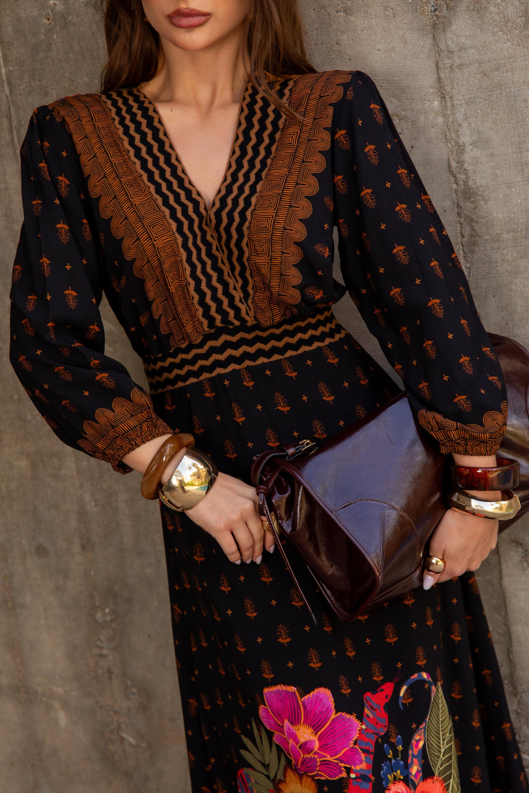 Vestido Longo Manga Flores Vivas ARTE- Estampado Preto 5719