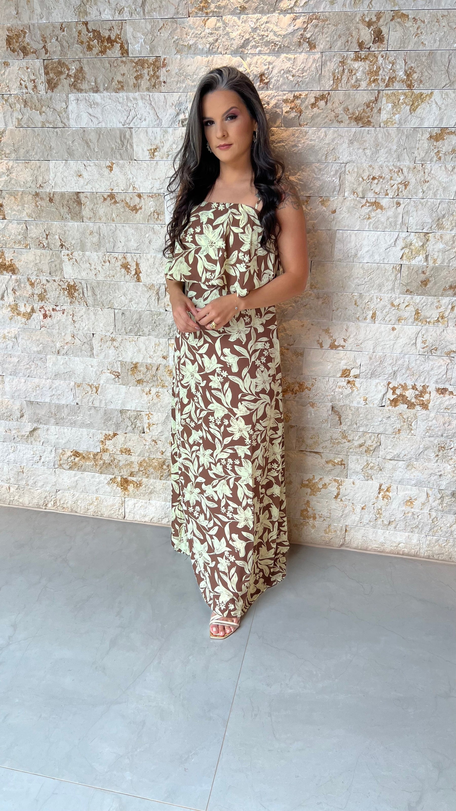 Vestido Longo Alcinha Babado Busto ALO- Marrom 5927