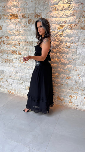 Vestido Longo Chiffon Babados TRIN- Preto 5717