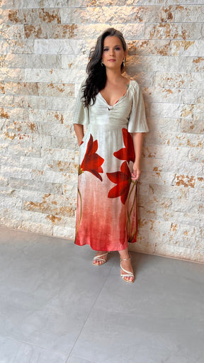 Vestido Midi Flor Laranja RIO- Estampado 5959