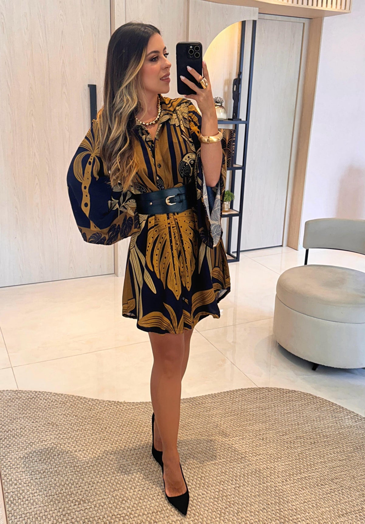 Vestido Curto Folhagem Mostarda ARTE- Estampado 5655